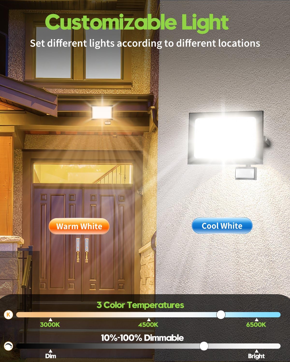 Sararoom Zewnętrzna lampa LED 100 W, czujnik ruchu, 10000 lm, zewnętrzna lampa punktowa LED z 3 regulowanymi kolorami, wodoszczelność IP65, pilot zdalnego sterowania, do garażu, magazynu, podwórza
