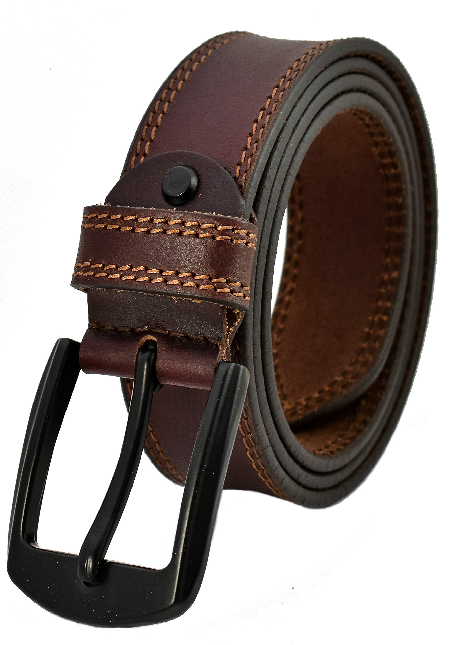 Men's Leather Belt Full Grain Genuine Thick Leather with Double Stitching - Mat Black Pin Buckle Great for Jeans, Casual, Formal, Work Wear (Waist Size In Inch (34-36), Brown)