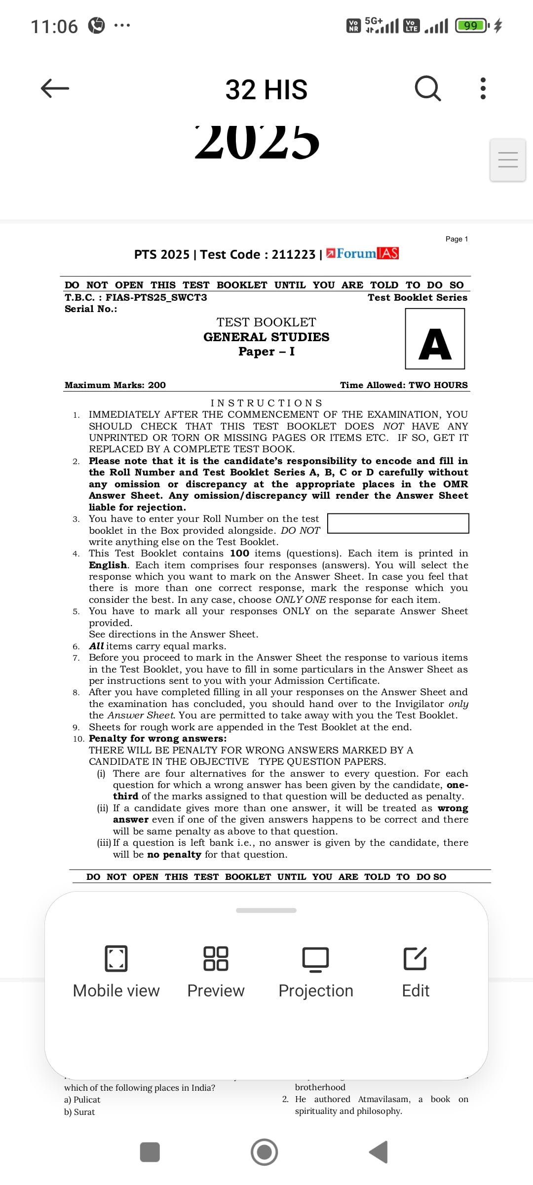 Forum Ias Leval-2&3 ( Prelims Test-26 to 34 ) 2025 question with solution black and white 1