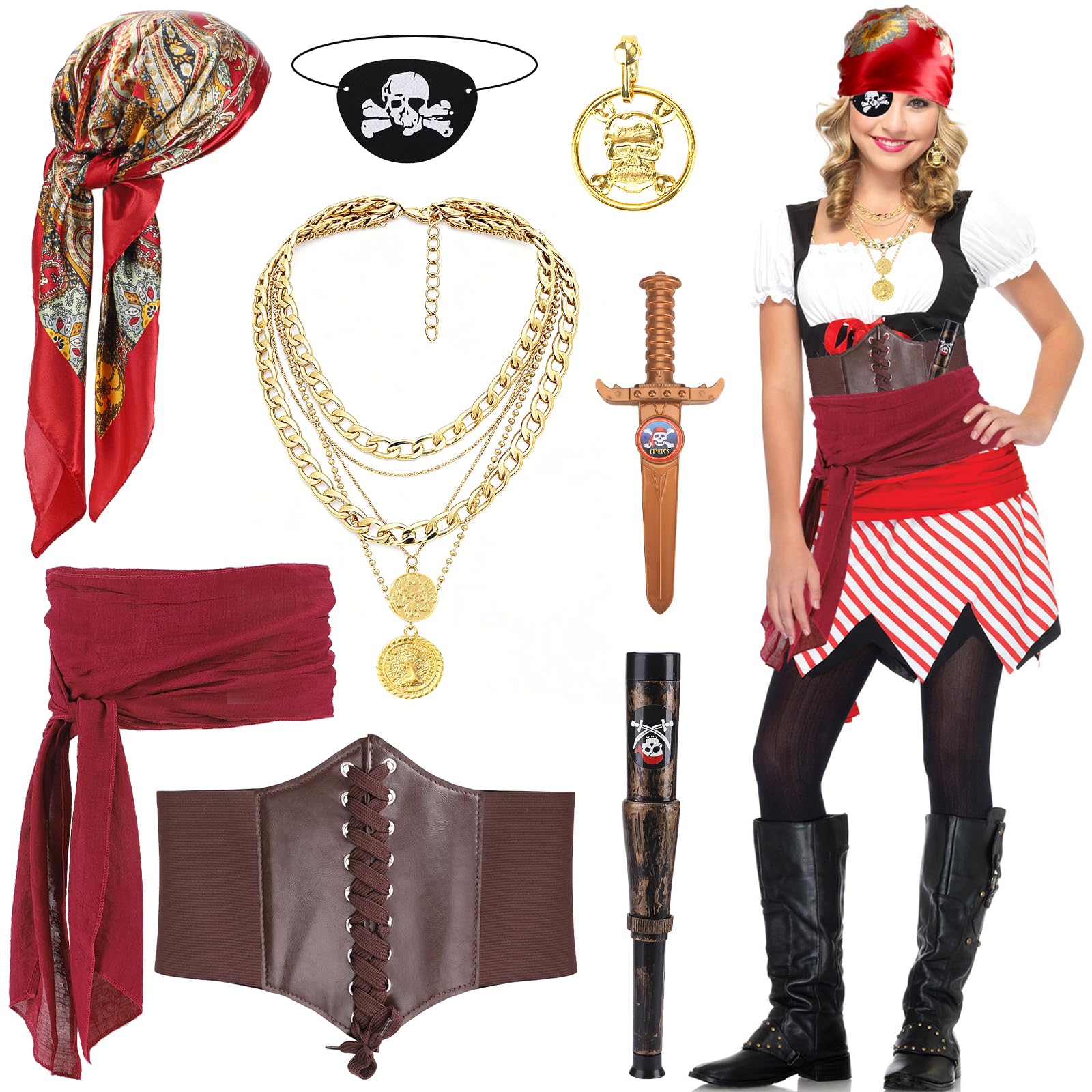 KMLGY 8 Pcs Pirate Costume Accessories for Women, Pirate Role Play Outfit With Headscarf, Sash Belt, Earring, Eye Patch, Telescope, Necklace for Halloween Party Supplies (Black) (Red)