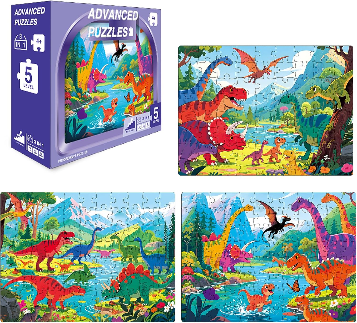Dinosaur Puzzles for Kids Ages 4-8, 3-in-1 Progressive Jigsaw Puzzle Set (72, 88, 96 Pcs), Montessori Educational Toys & Birthday Gifts for Boys Girls with 3 Storage Boxes