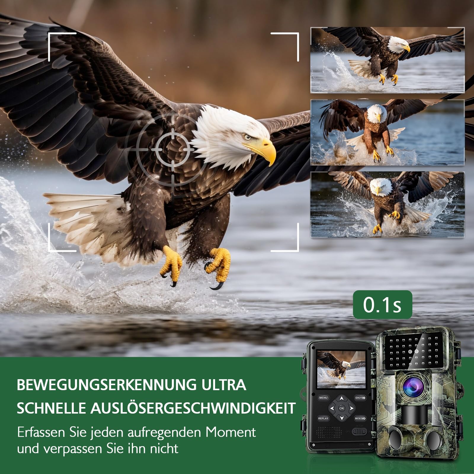 HAZA Wildkamera,2.7K Wildtierkamera,58MP Full HD wildkamera mit bewegungsmelder nachtsicht,beobachtungsmonitore mit 32G SD Karte,0,1s Auslösezeit,IP66 Wasserdicht,Timer,Zeitraffer,Tierkamera (2.7K)