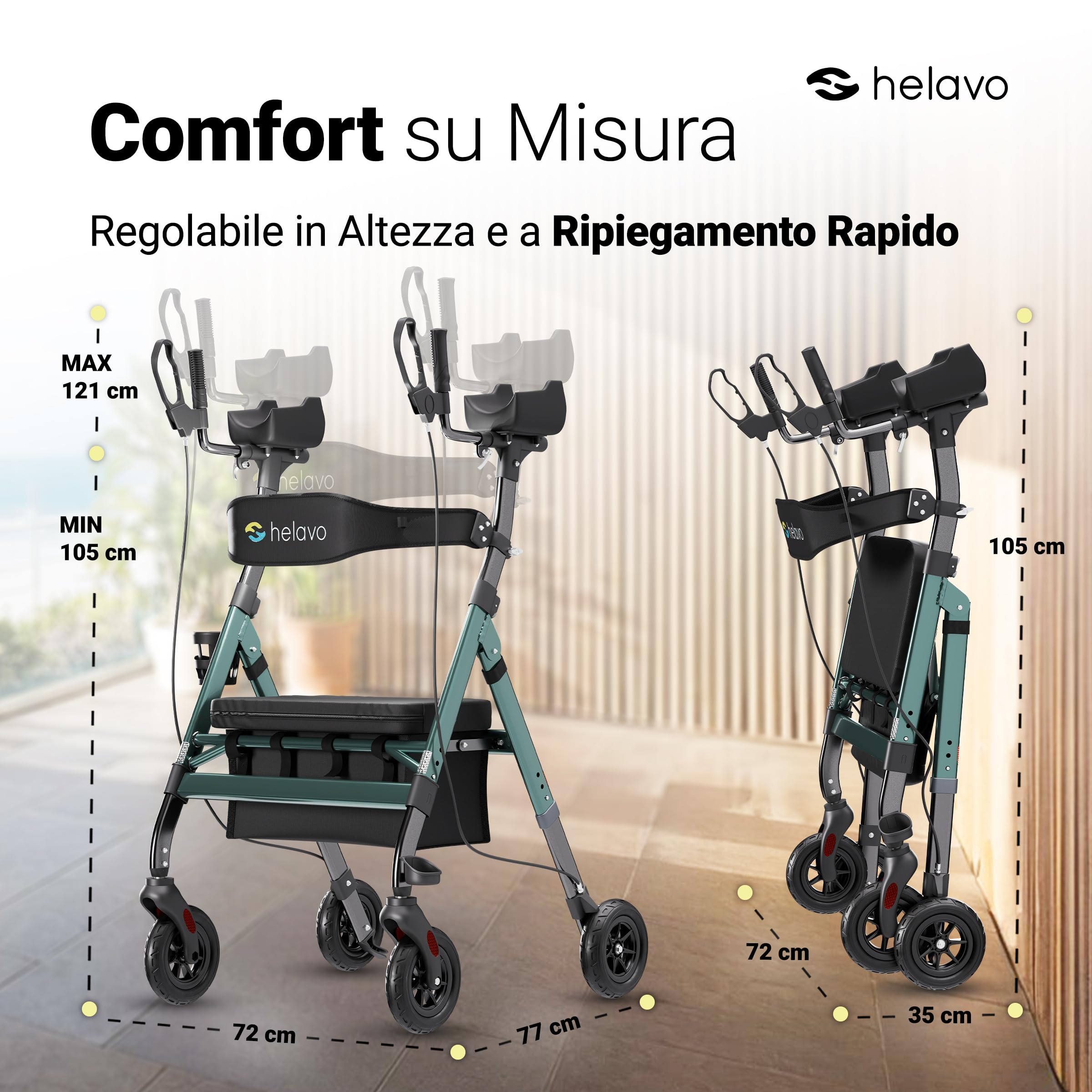 Helavo Deambulatore Antibrachiale Bariatrico per Anziani con Ruote 8" Antiforatura - Deambulatore Alto con Seduta Larga Pieghevole - Rollator Extra Large con Appoggio Avambracci - Portata 226 kg H1360