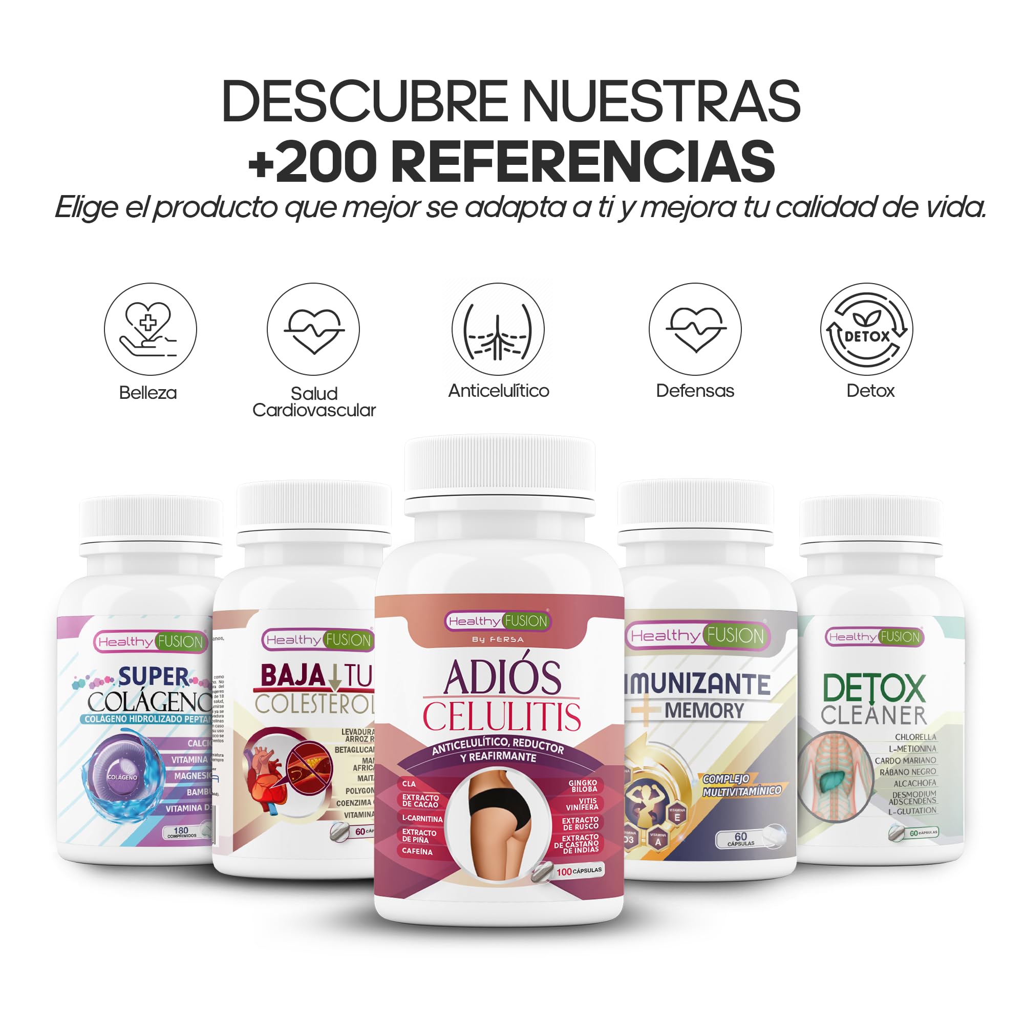 Adiós Celulitis Healthy Fusion | Anticelulítico Reductor Potente con L-Carnitina, Castaño de Indias, CLA, Cafeína, Cacao | Elimina celulitis y piel de naranja | Reafirma y tonifica la piel | 100 Caps