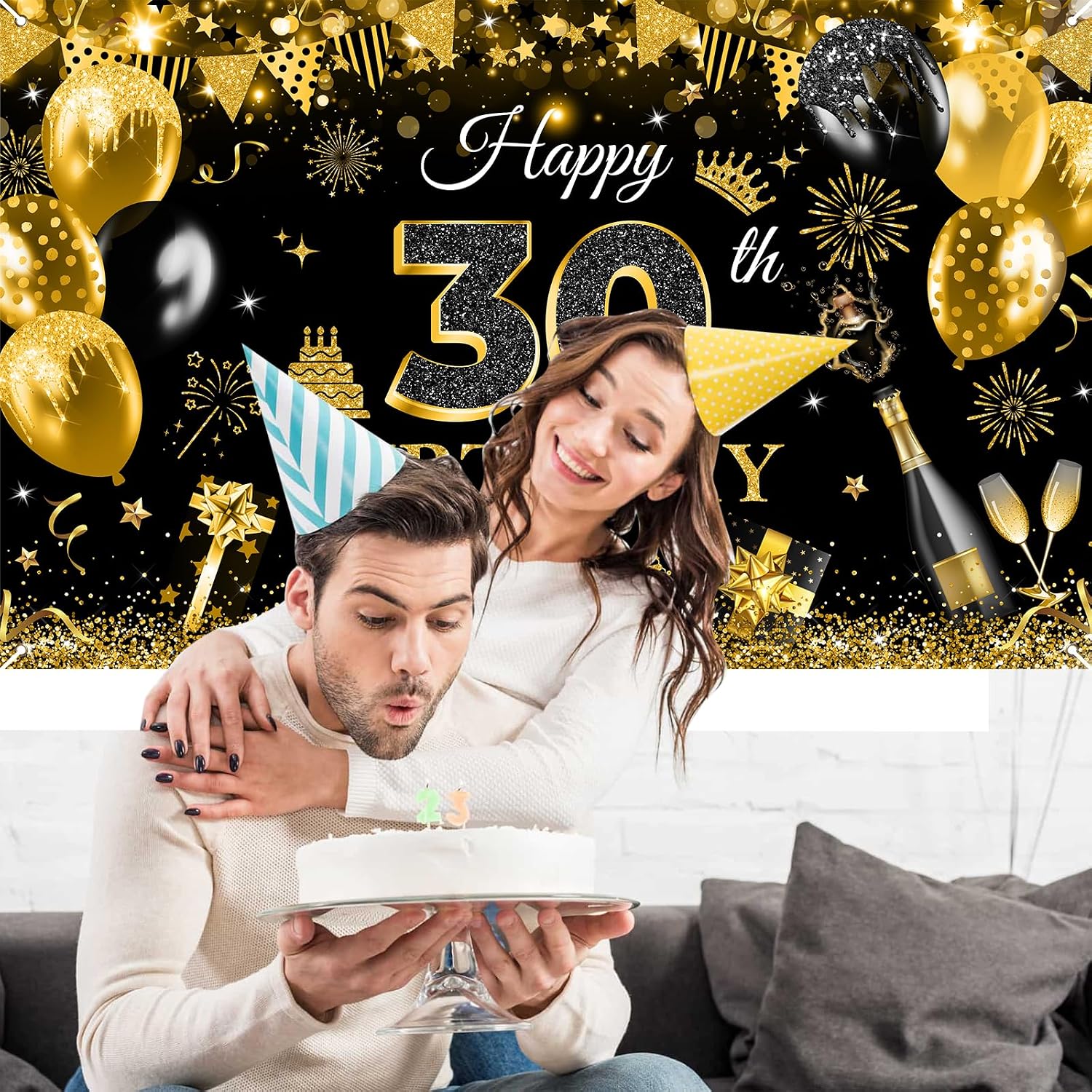 Avezano Happy 30th Birthday Banner for Men Black and Gold Glitter Balloon 30 Birthday Party Backdrop 30 Year Old Bday Photo Backdrop Party Supplies 70.8 x 43.3 Inch