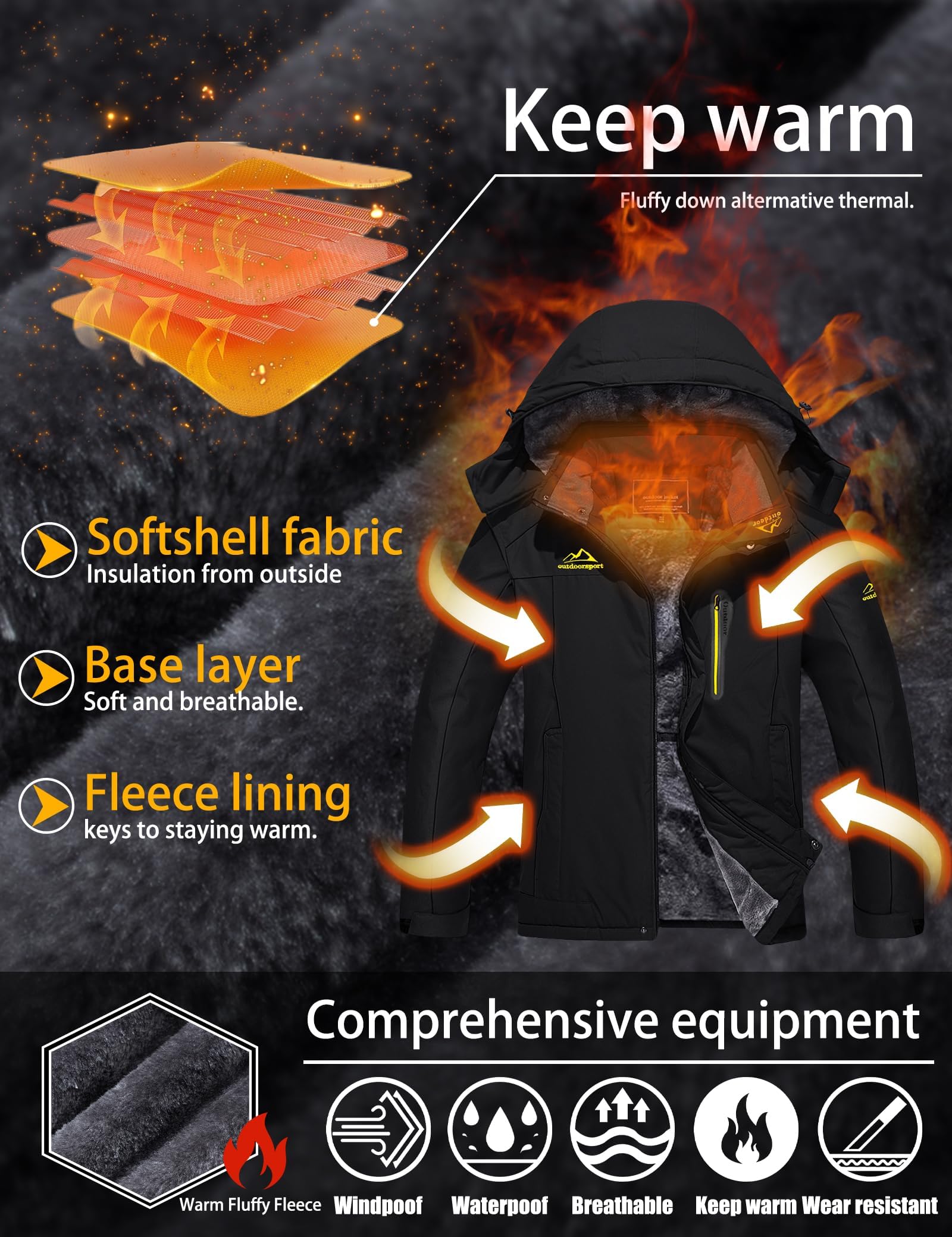 TACVASEN Herren Warme Skijacke Wasserabweisende Winterjacke mit Abnehmbarer Kapuze