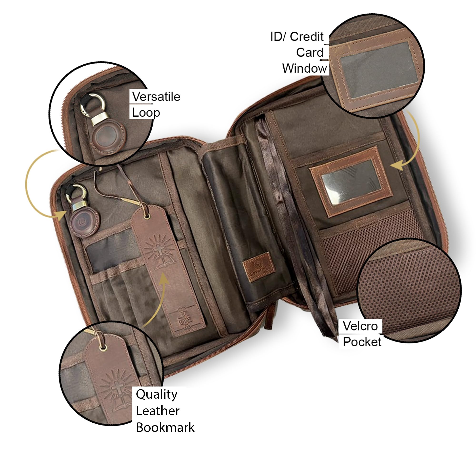 Sovereign-Gear Funda grande de cuero para la Biblia con cruz, piel de búfalo auténtica para hombres y mujeres, con asa, cremallera, bolsillos, bolsa de iglesia más marcapáginas y soporte compatible