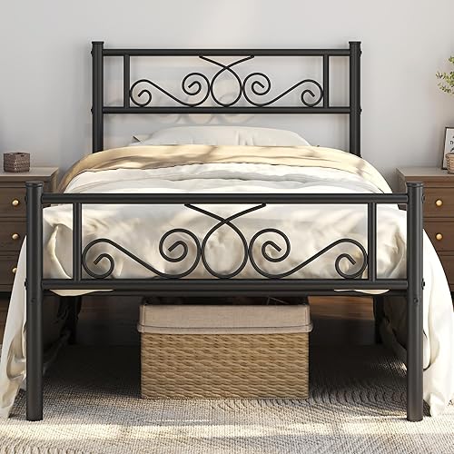 Miniatura 1 de Yaheetech Marcos de cama tamaño individual XLplataforma de metal con cabecera y estribo, no necesita somier, fácil montaje, color negro
