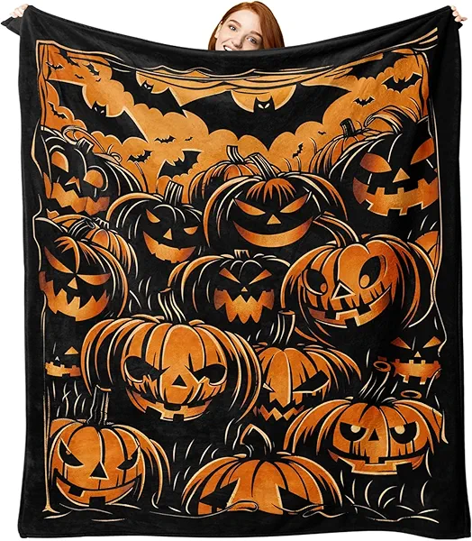Paayna Halloween Jack O Lantern Pumpkin Flannel Throw Blanket, Creepy Scary Bats Gifts for Kids Men Women, Horror Soft Blankets for Bedding Sofa 50 x 60 Inches