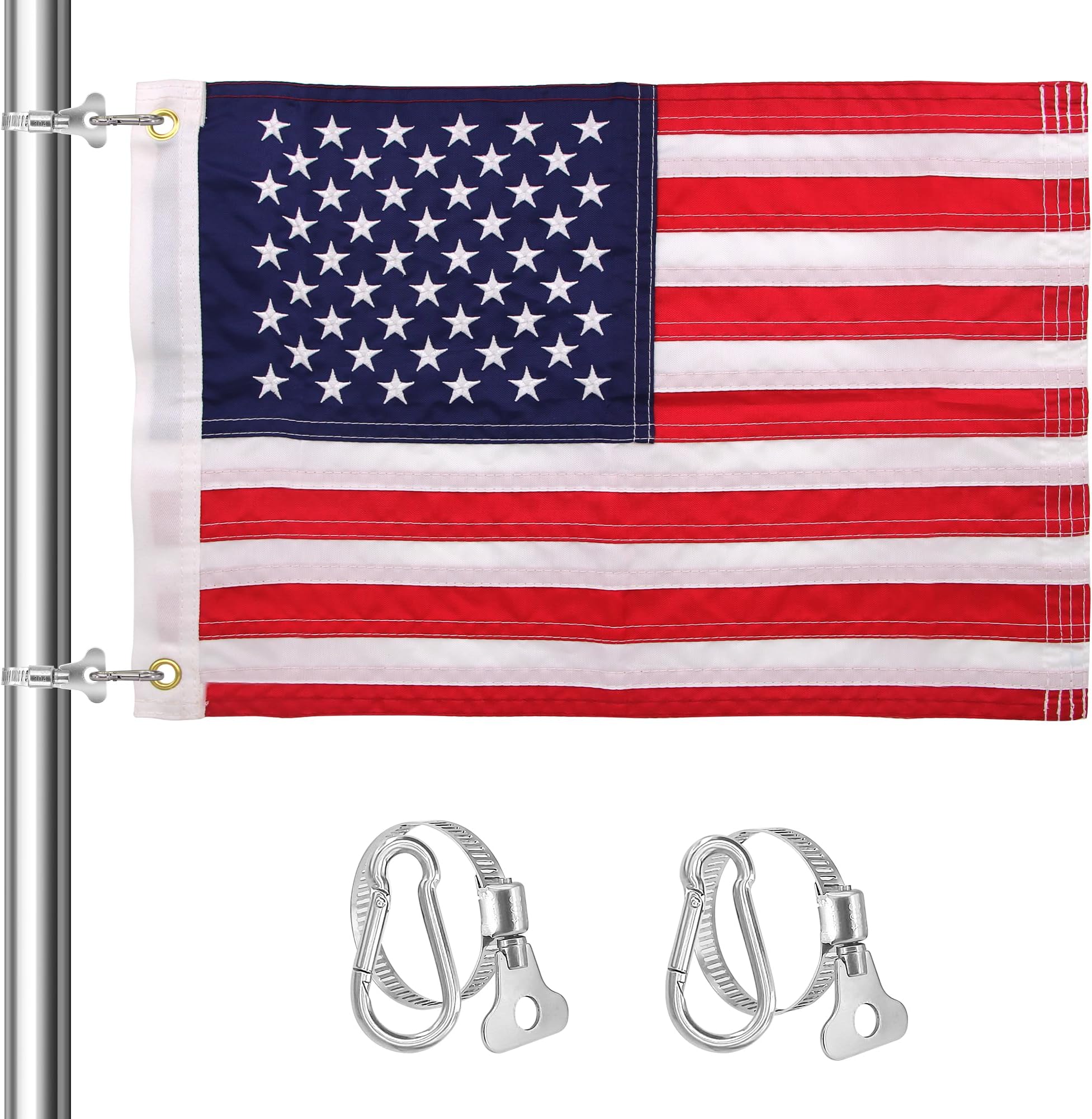 Boat Flag 16x24 inch, 50 Embroidered Stars Boat Flags, American Flag for Boat with 2 Boat Flag Pole Clips and Brass Grommets