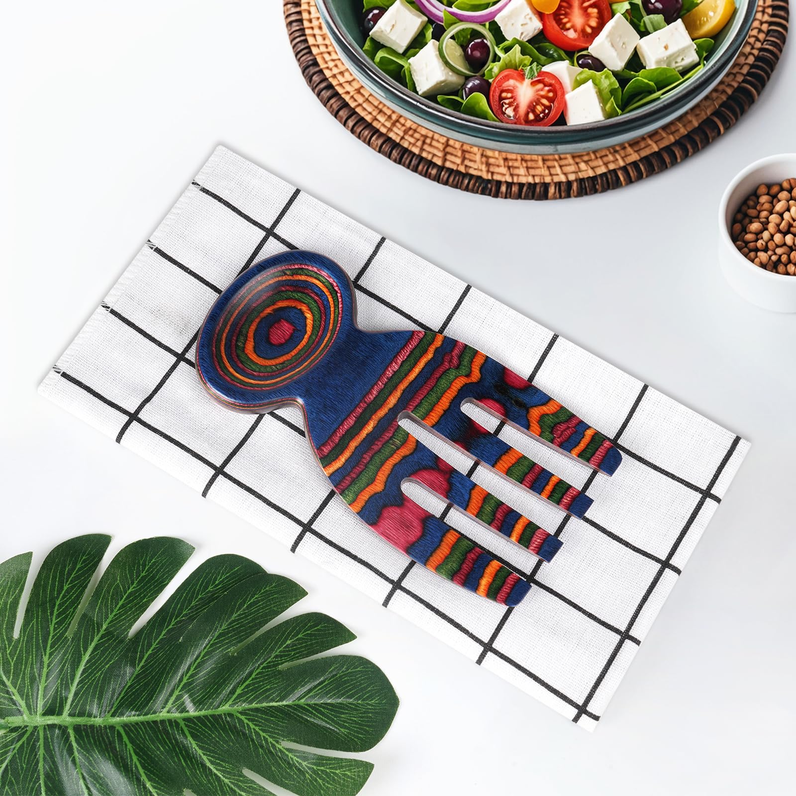 MYRAINBOW Pinzas de ensalada, mano de ensalada, pinzas de ensalada de madera de Pakkawood para servir, juego de utensilios de servir, juego de utensilios de cocina