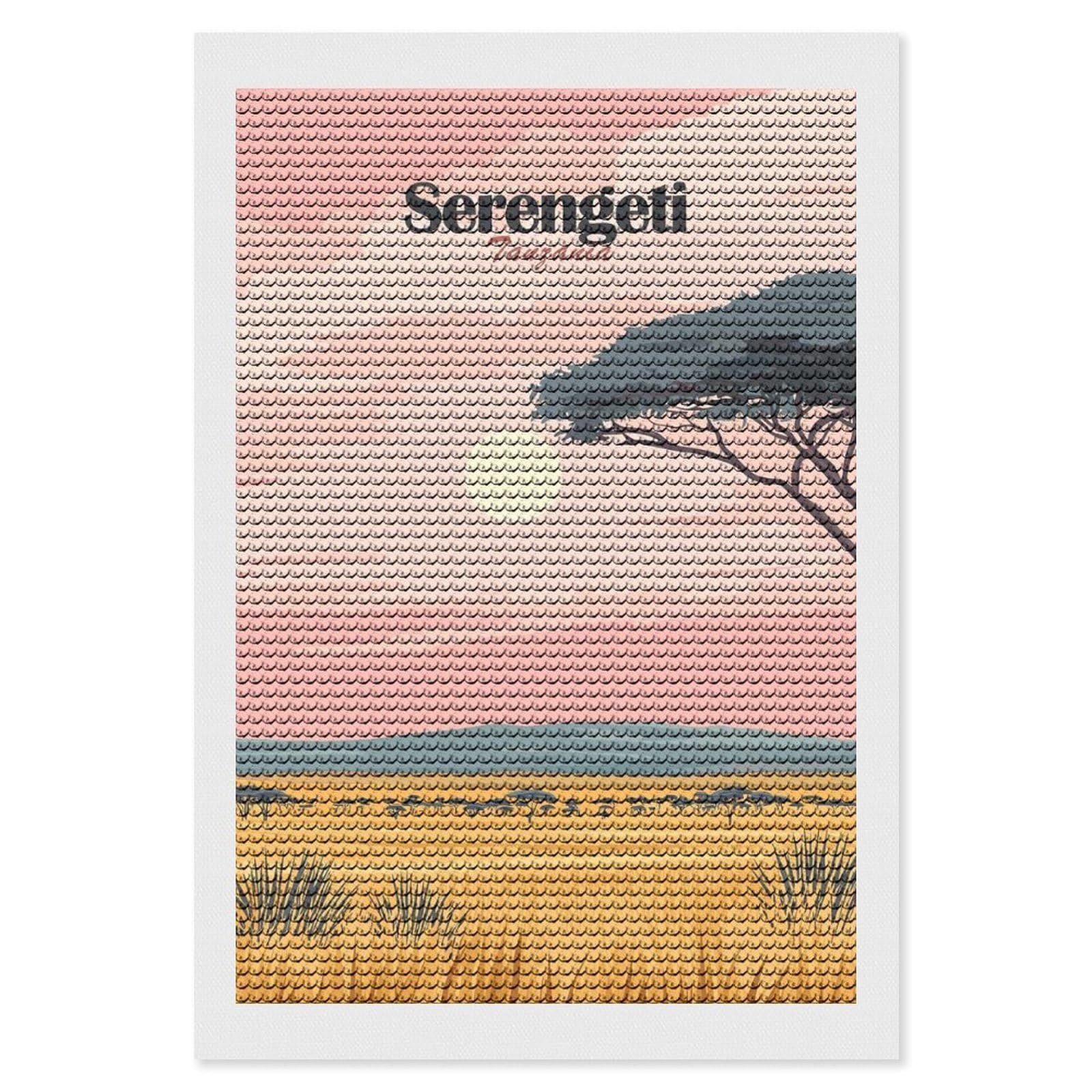 Junmoney Serengeti Tanzania Landscape Illustration Crystal Diamond Art Kit 8"x12", Stress Relief Craft, Decorative Artwork, Vintage Style Decor, Birthday Gift
