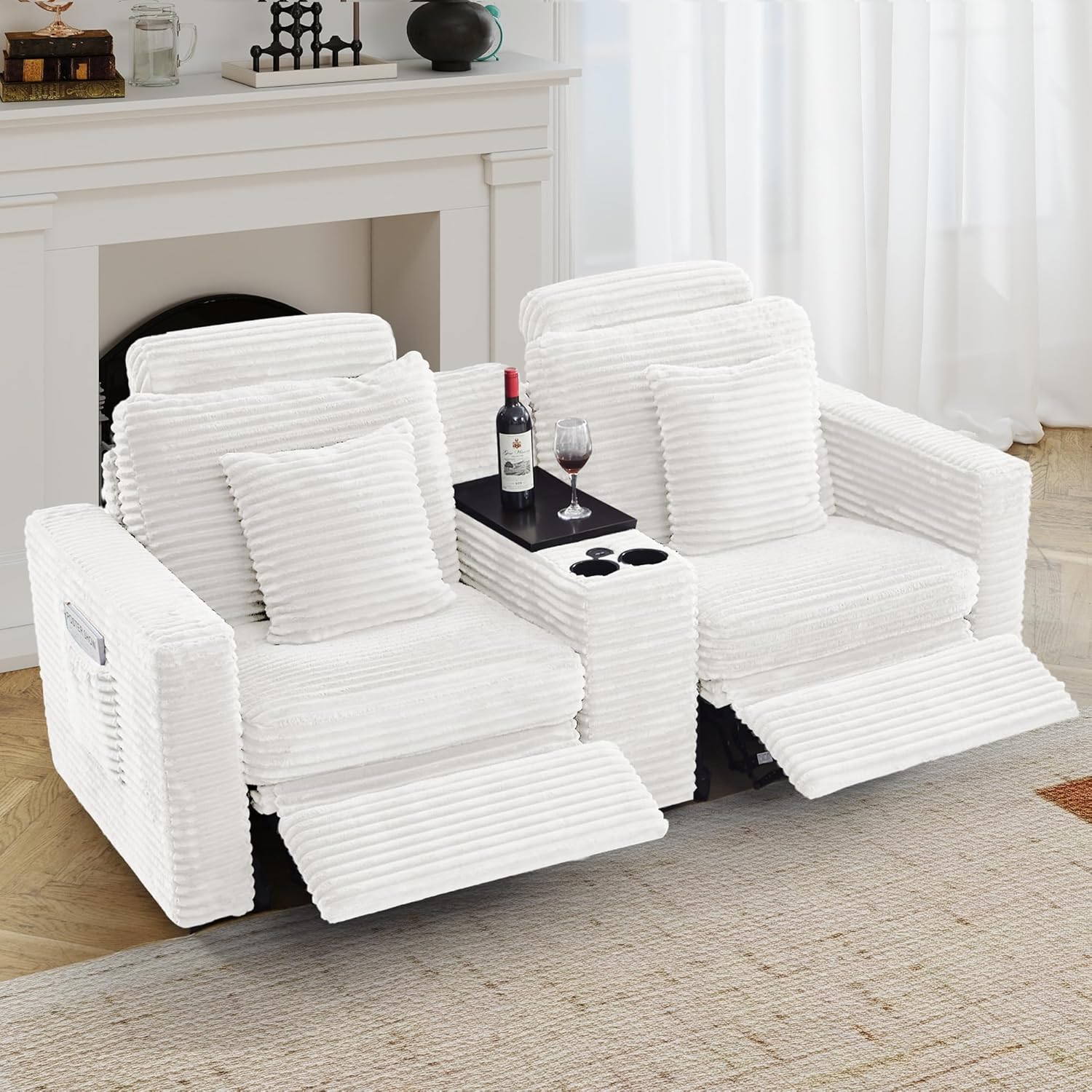 LEVNARY Modular Lift-Top Console with USB Charging and Cup Holders, Center Storage Module for Modular Reclining Sofa (White) - Image 4