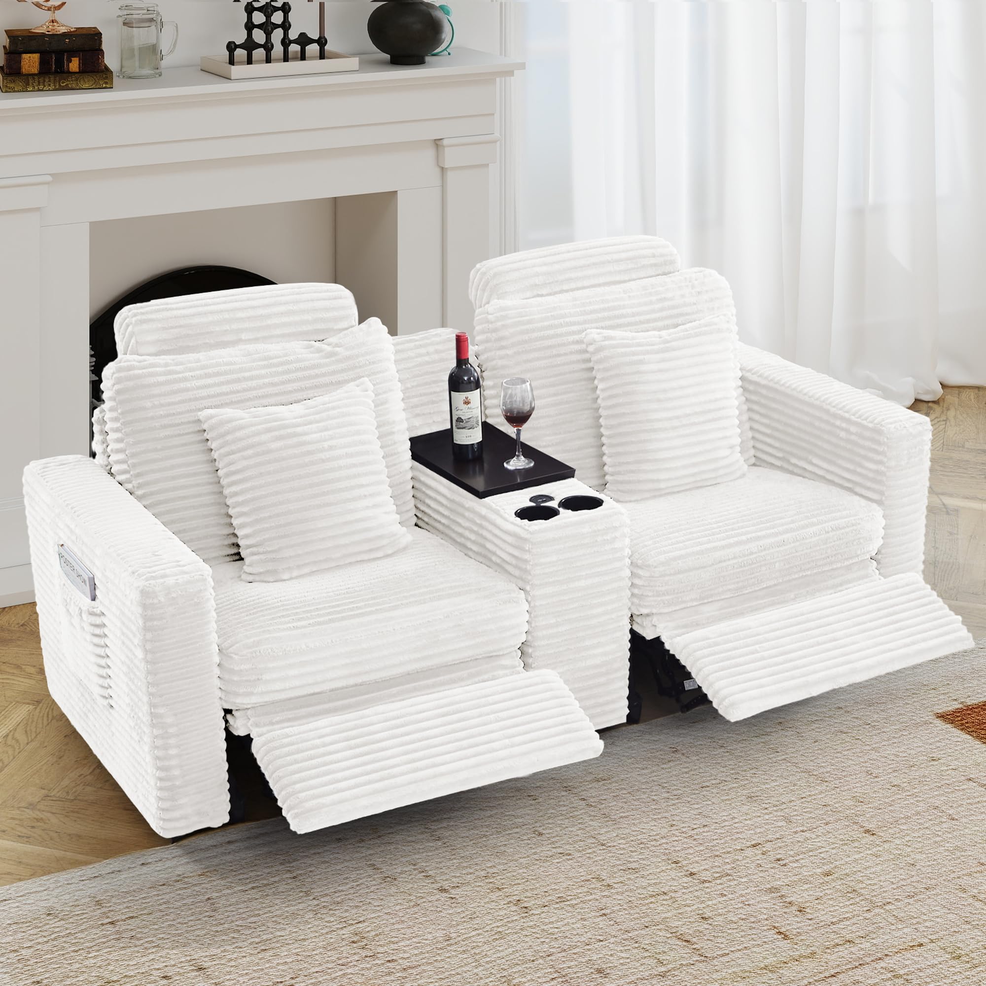 LEVNARY 2-Seater Modular Reclining Sofa with Center Console, Faux Rabbit Fur Power Recliner Loveseat with Cup Holders, USB Charging, Side Pockets &amp; 2 Pillows, Living Room Furniture (White)