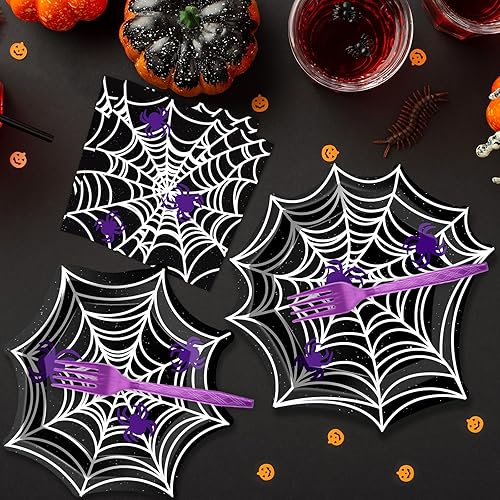 Miniatura 6 de Platos de fiesta de Halloween, servilletas, telaraña de Halloween, vajilla de tela de araña en blanco y negro, platos de papel desechables para