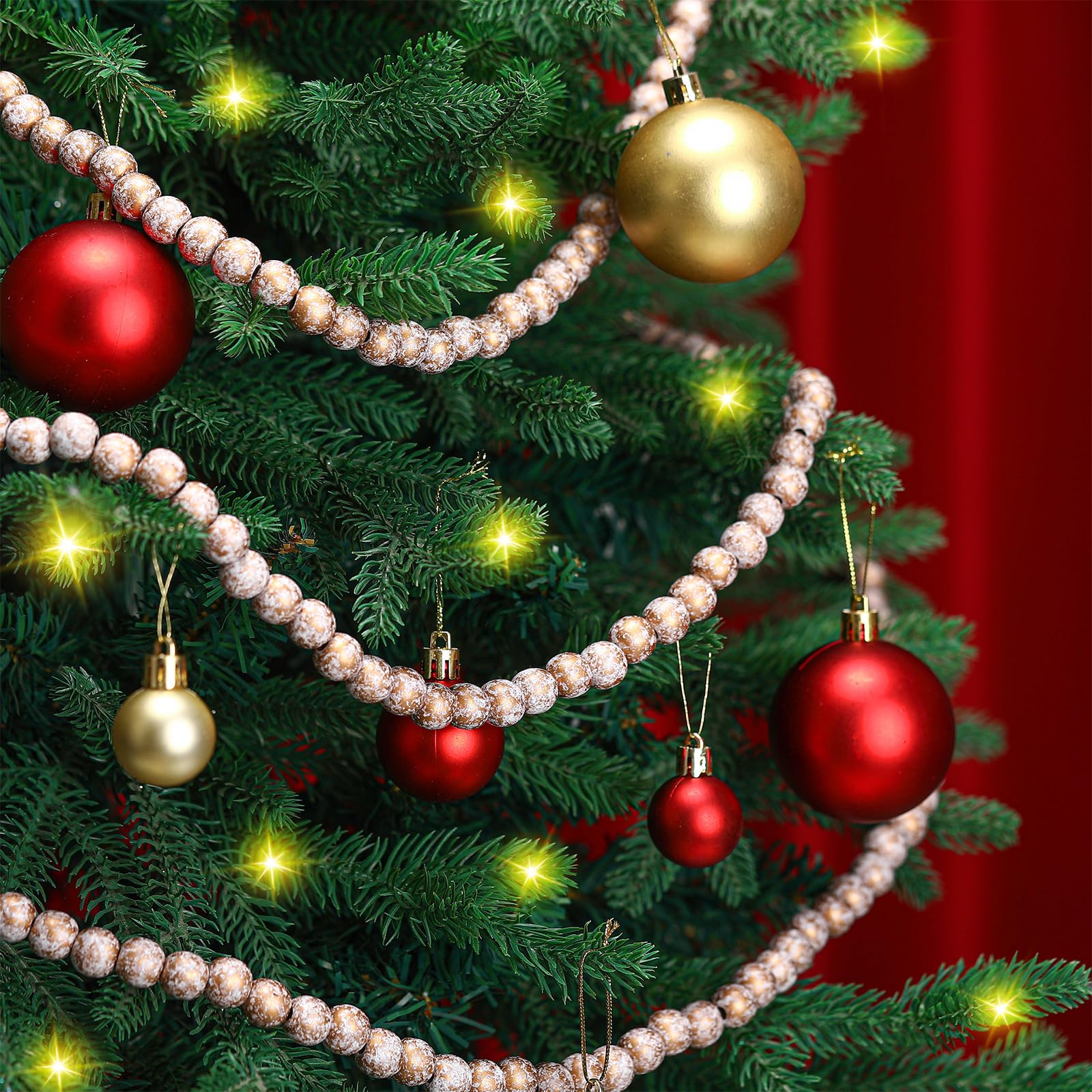 Hicarer Guirlande de perles de Noël en bois pour sapin de Noël - 3,7 m - Blanc doré