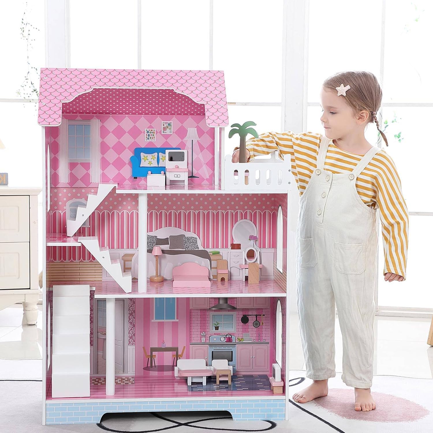 ITEFDTUTNE Wooden Kids Dollhouse, 3 Tier Mini Dollhouse Playhouse with Window Roof Furniture, for Children Ages 3 and Up Role Playing Games (71 * 36.4 * 100.5)