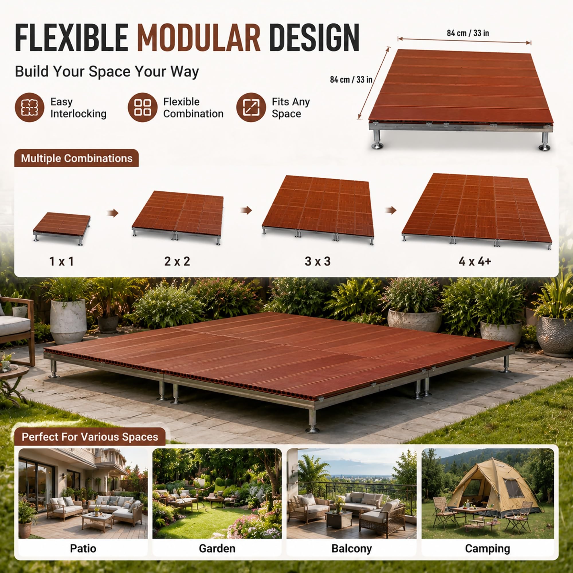 Piattaforma Modulare Rialzata da Patio, Pavimento Modulare in Composito | 84 x 84 cm, Superficie Antiscivolo, Piastrelle Impermeabili per Balcone, Patio e Portico