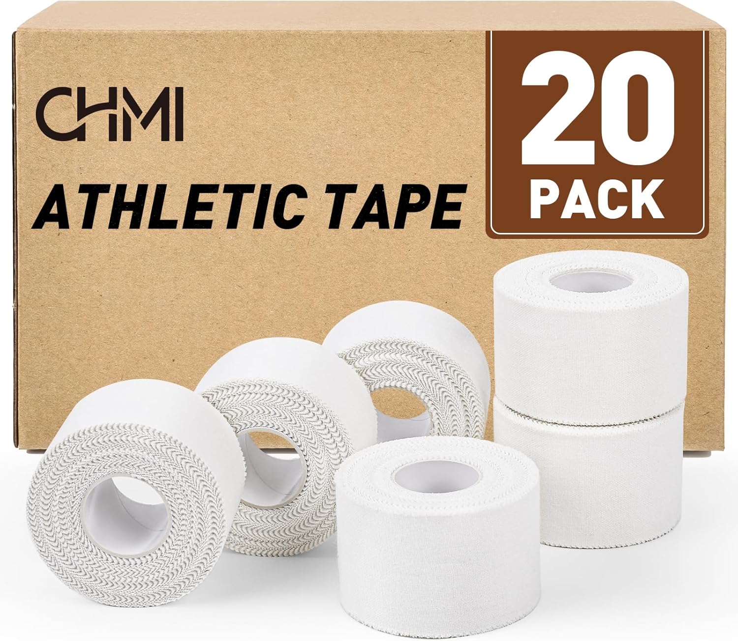 CHMI Athletic Tape,White Sports Tape (20 Pack), 200 Yards Rolls Very Strong Easy Tear NO Sticky Residue Best Tape for Gymnastics Climbing Bat Injuries Medical (1.5 Inch X 200 Yards).