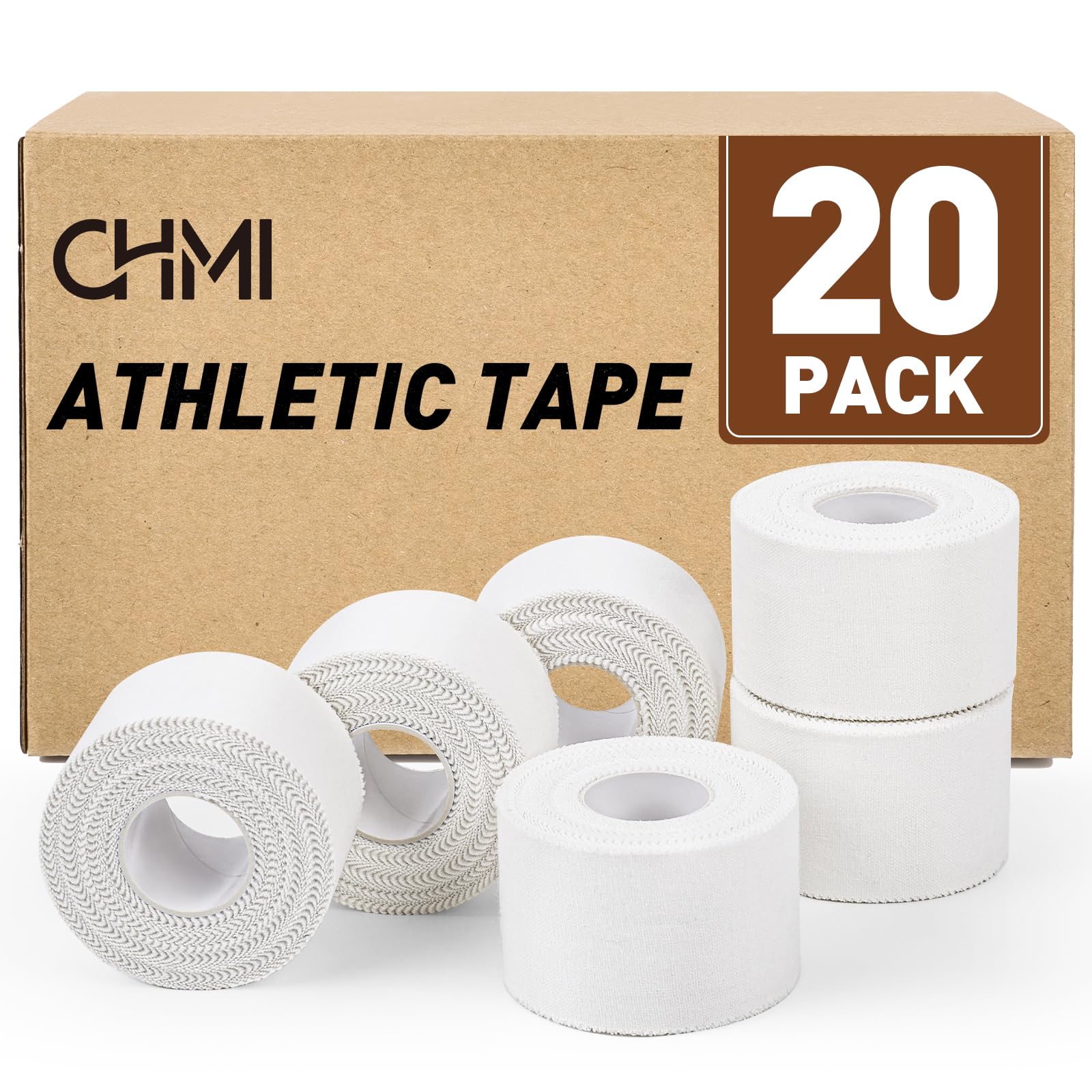 CHMI Athletic Tape White Sports Tape 20 Pack 200 Yards Rolls Very Strong Easy Tear NO Sticky Residue