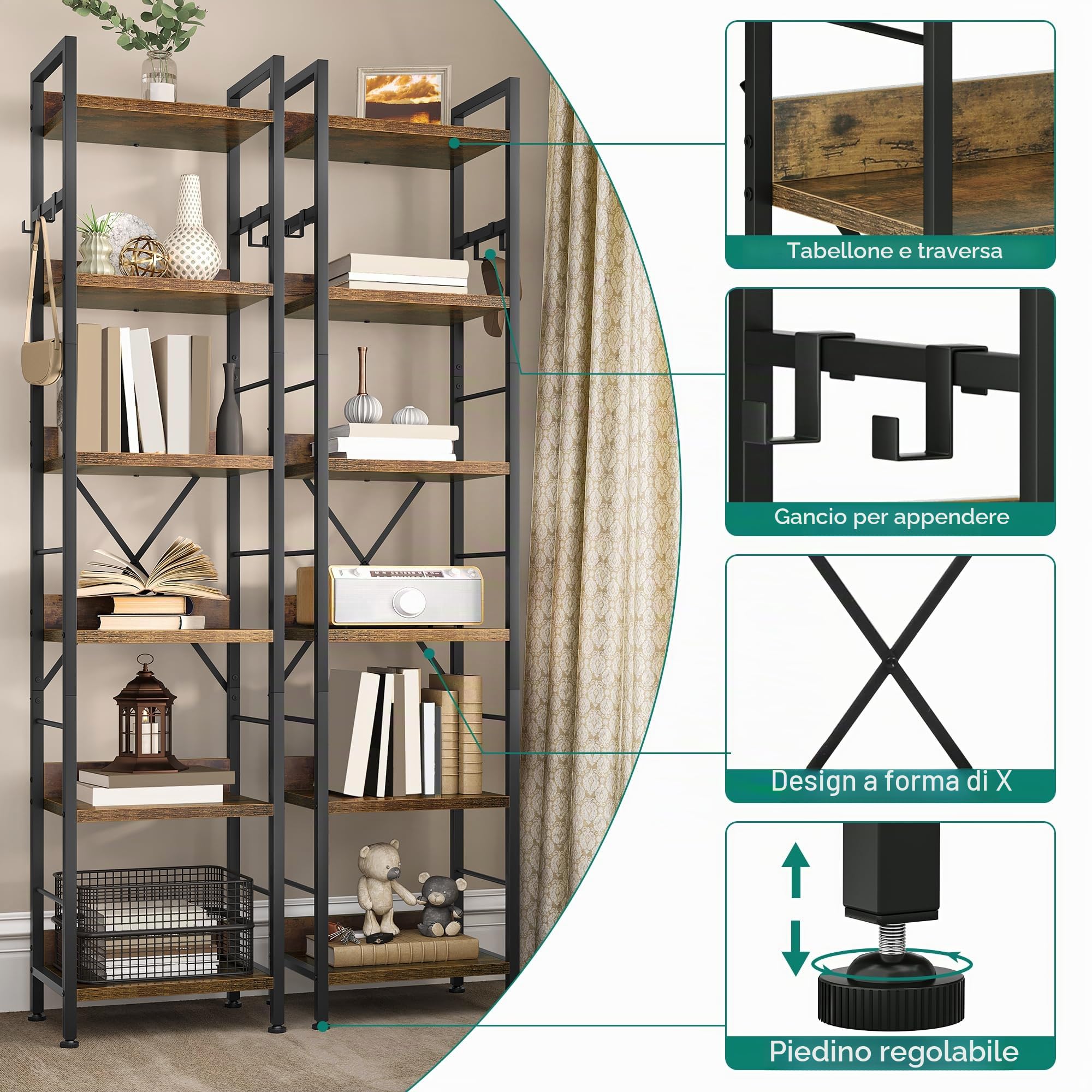 YITAHOME Libreria a 6 Ripiani, Scaffale da Pavimento con 4 Ganci, Ripiano in Legno e Struttura in Metallo Scaffale per Libri Industriale Scaffale Alto per Soggiorno, Ufficio in Casa, Marrone Rustico