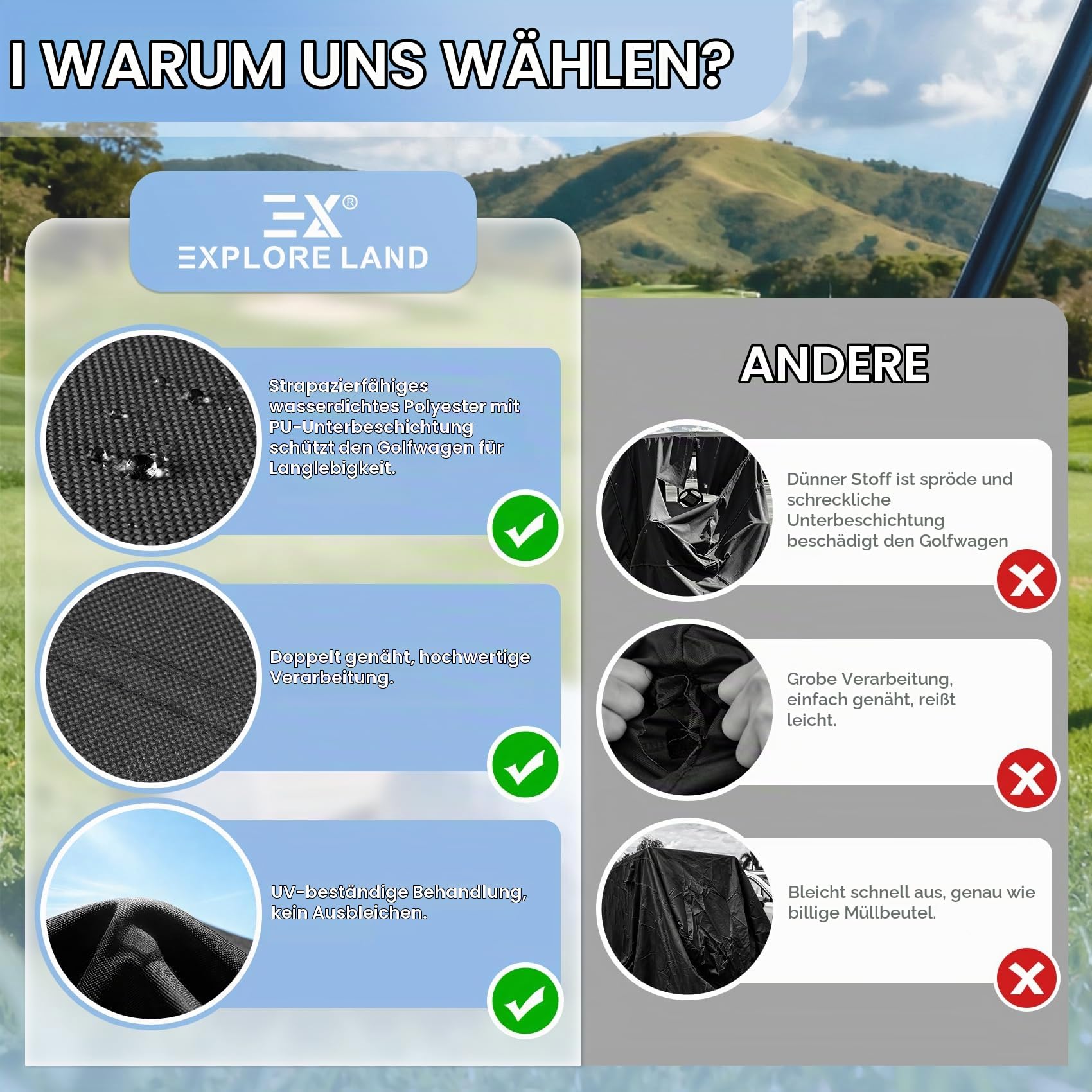 Explore Land 600D wasserdichte Golfwagen-Abdeckung, universell passend für die meisten Marken 2 Beifahrerwagen