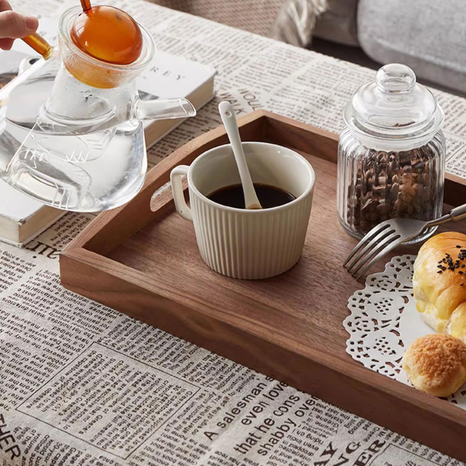 HUHJYUGE Bandeja Madera Rectangular Rustica, Bandeja de Madera con Asas, Bandeja de Madera para Servir Comida, Bandeja de Cocina para Desayuno, Bebidas, Aperitivos (Square/30cm)