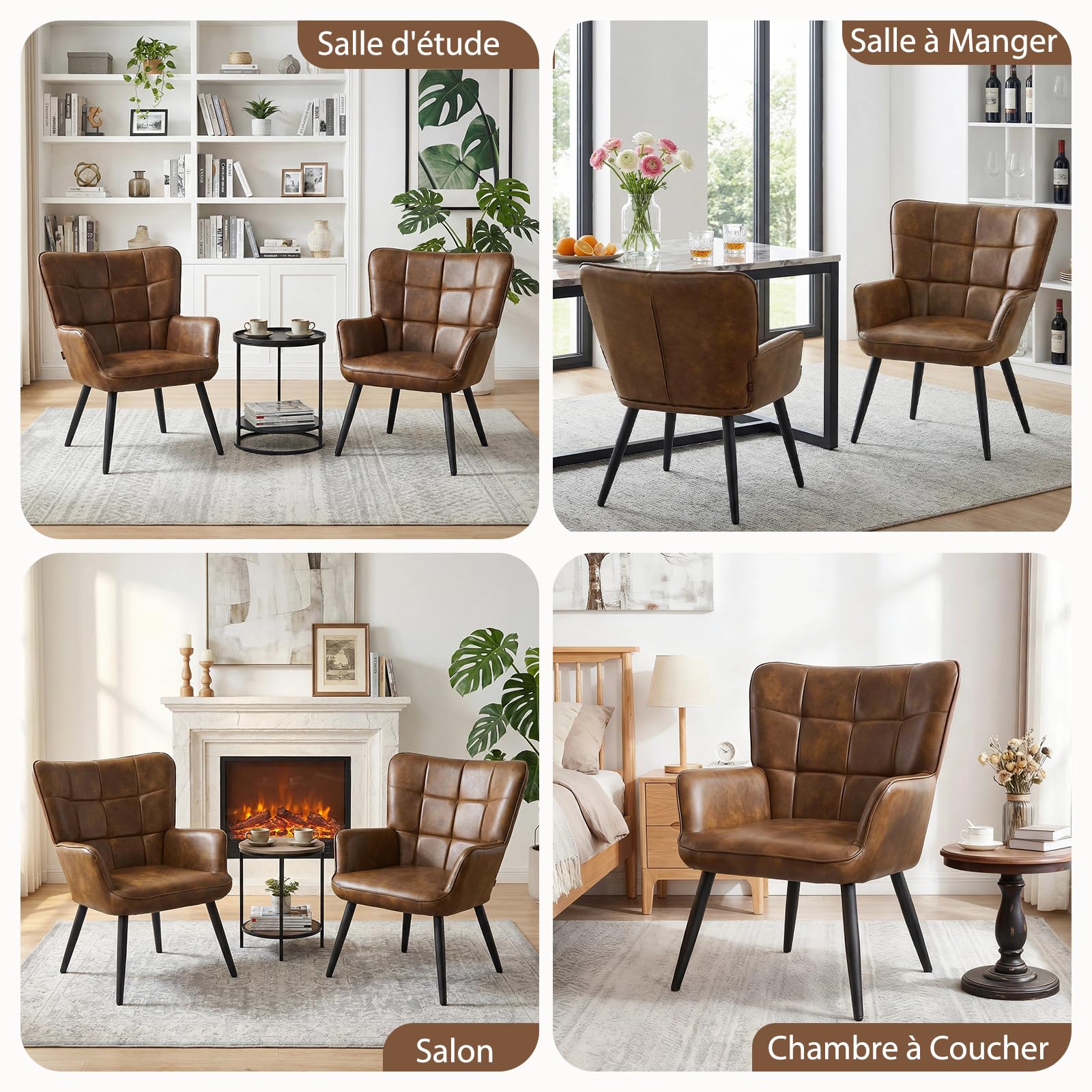 Fauteuil Salon Scandinave, Chaise Coiffeuse en Cuir PU, Chaises Salle à Manger Chaise Rembourrée avec Accoudoirs & Dossier Ergonomique pour Chambre Salle à Manger Bureau Allaitement, Brun