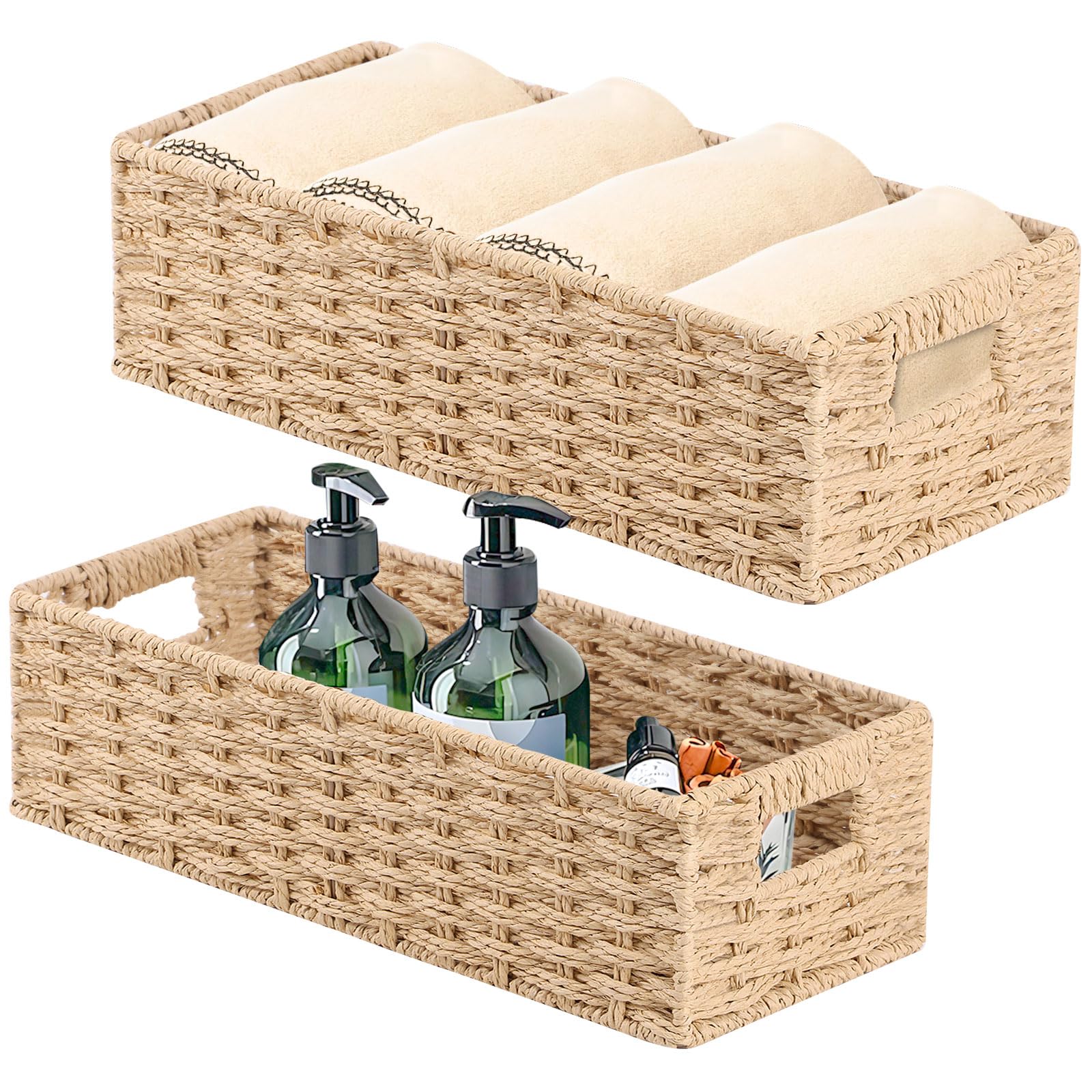 Panier Rangement Avec Poignées, pour Penderie, Salon, Dressing, Chambre, Ensemble de Deux, Grand 37×16.5×11cm, Petit 33×12.5×10cm, Naturel