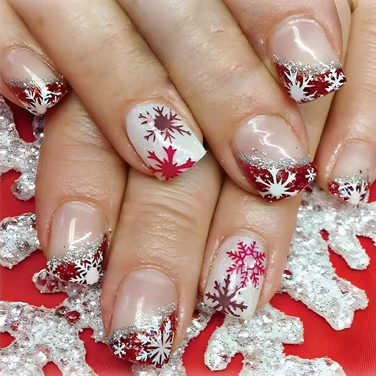 Snowflake Press on Nails Short Square Christmas Fake Nails with Red White Snowflake Designs Xmas Winter Red Silver Glitter French Tip False Nails Press ons Acrylic Glue on Nails for Women 24 Pcs