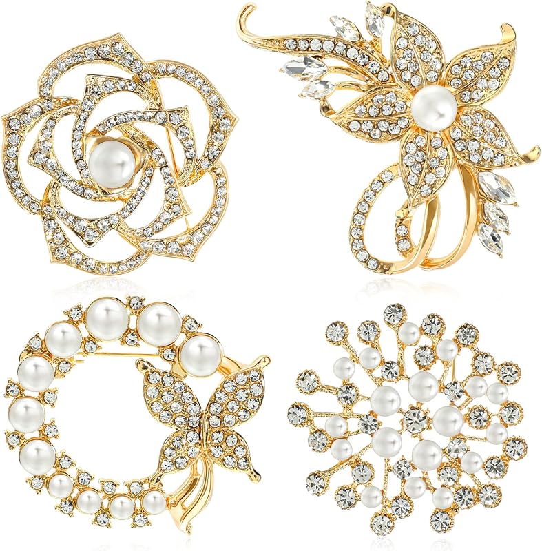 4 PCS Elegant Crystal Pearl Brooch Set | Sparkling Brooch Pins for Blazer, Dress, Coat | Birthday, Wedding Gift for Mom, Teacher, Grandma