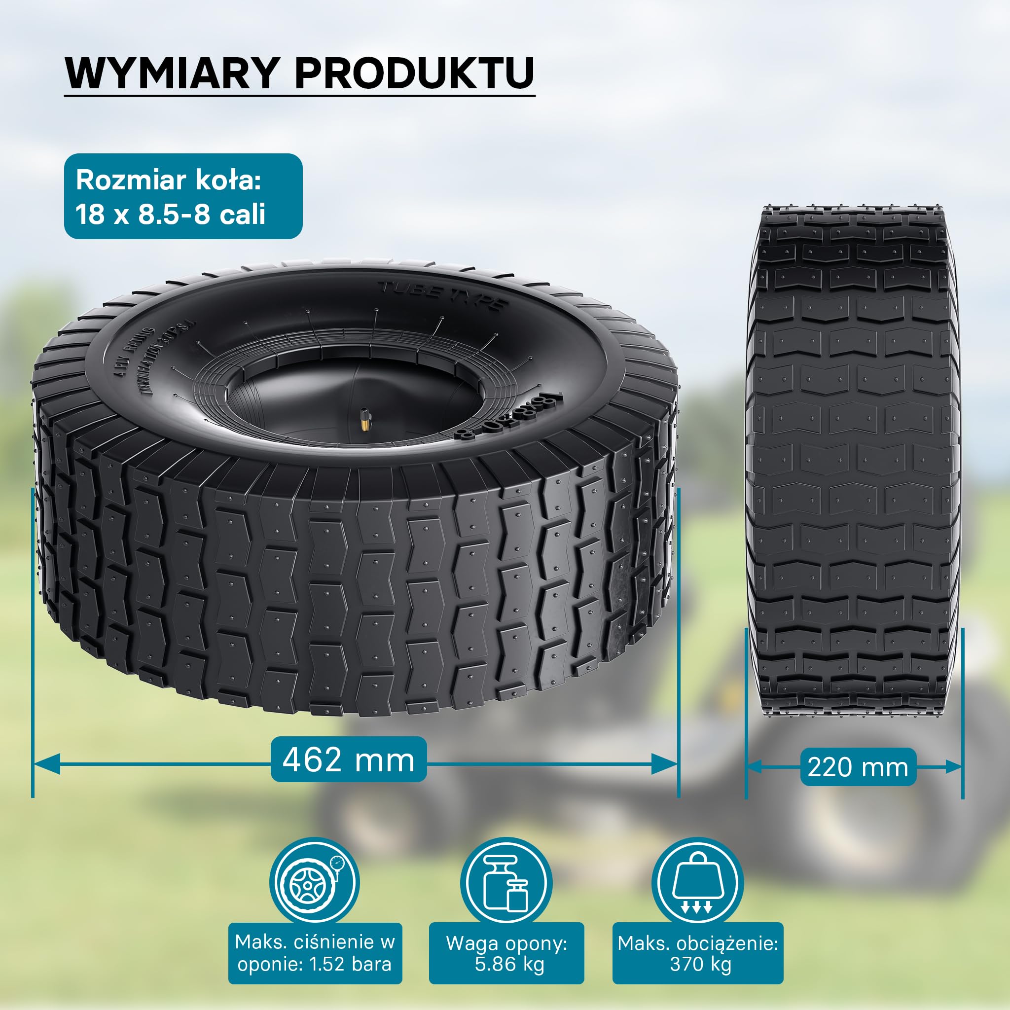 Wiltec Opona z dętką 18x8.50-8 4 PR do wielu kosiarek traktorków, z zaworem kątowym TR87 i bieżnikowaną powierzchnią, koło pneumatyczne