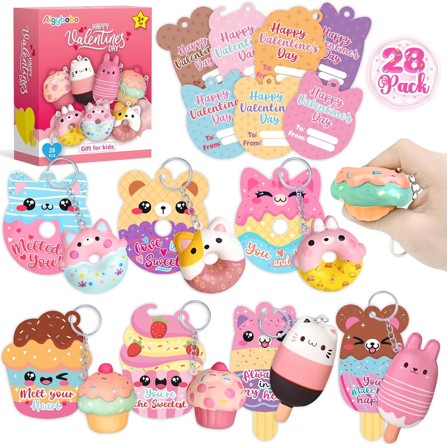 Aigybobo Valentines Day Cards for Kids Classroom, Valentines Gifts Cards with Dessert Squishy Toys Keychains, Kids School Class Valentines, Classroom Exchange Prizes & Party Favors for Boys Girls