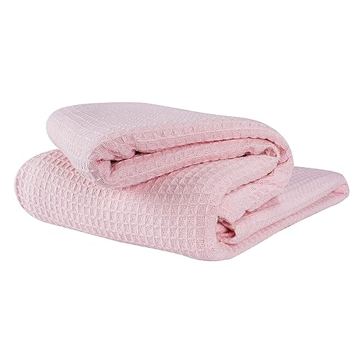 GLAMBURG 100% Cotton Thermal Blanket, Breathable Bed Blanket Queen Size, Soft Waffle Blanket, Queen Blanket, All Season Cotton Blanket, Baby Pink