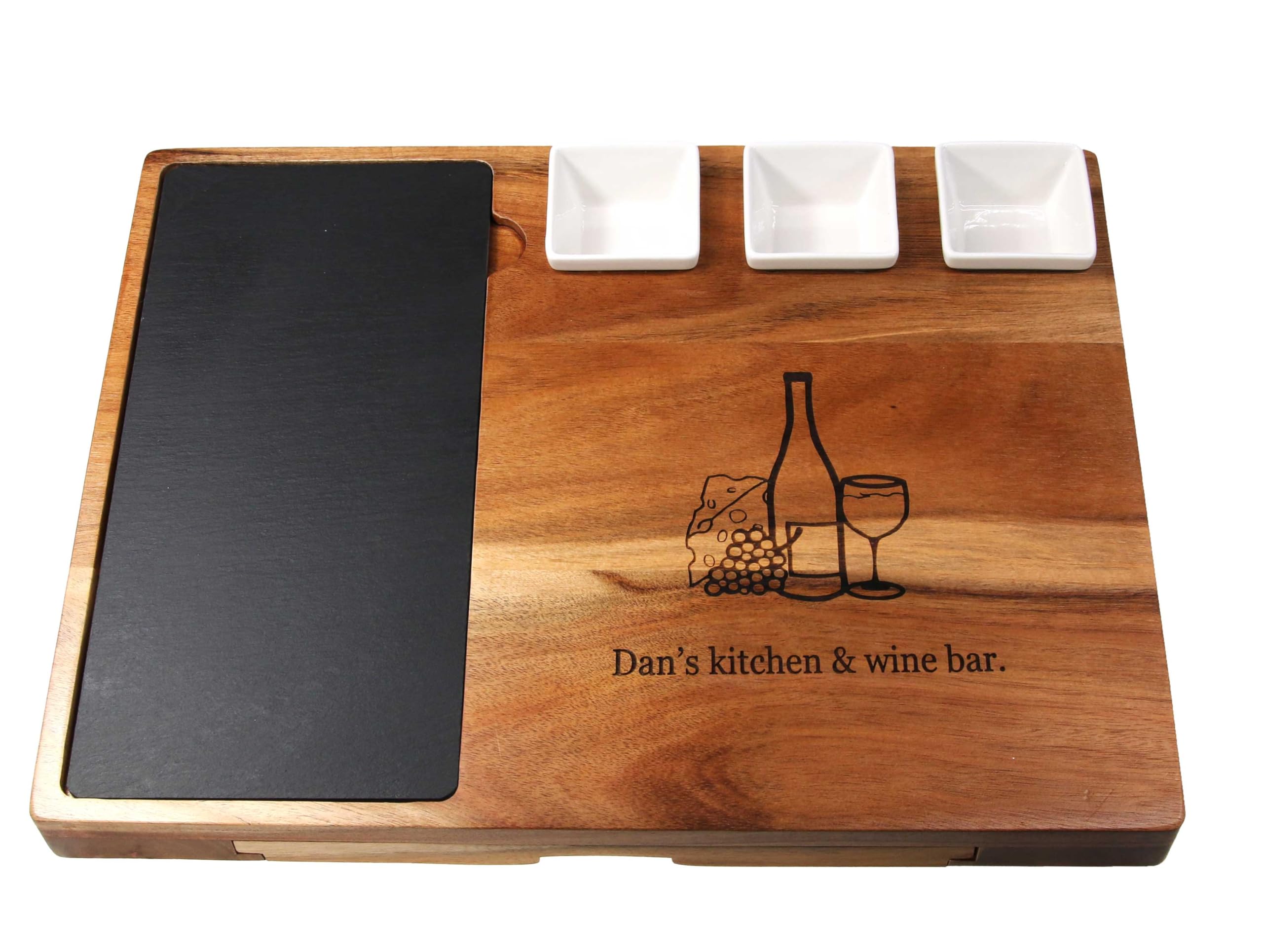 Cathcart Elliot Brown, Gray Personalised Deluxe Cheese Board Gift Set, Acacia Charcuterie Board With Drawer 44 X 33 X 5.7 Cm