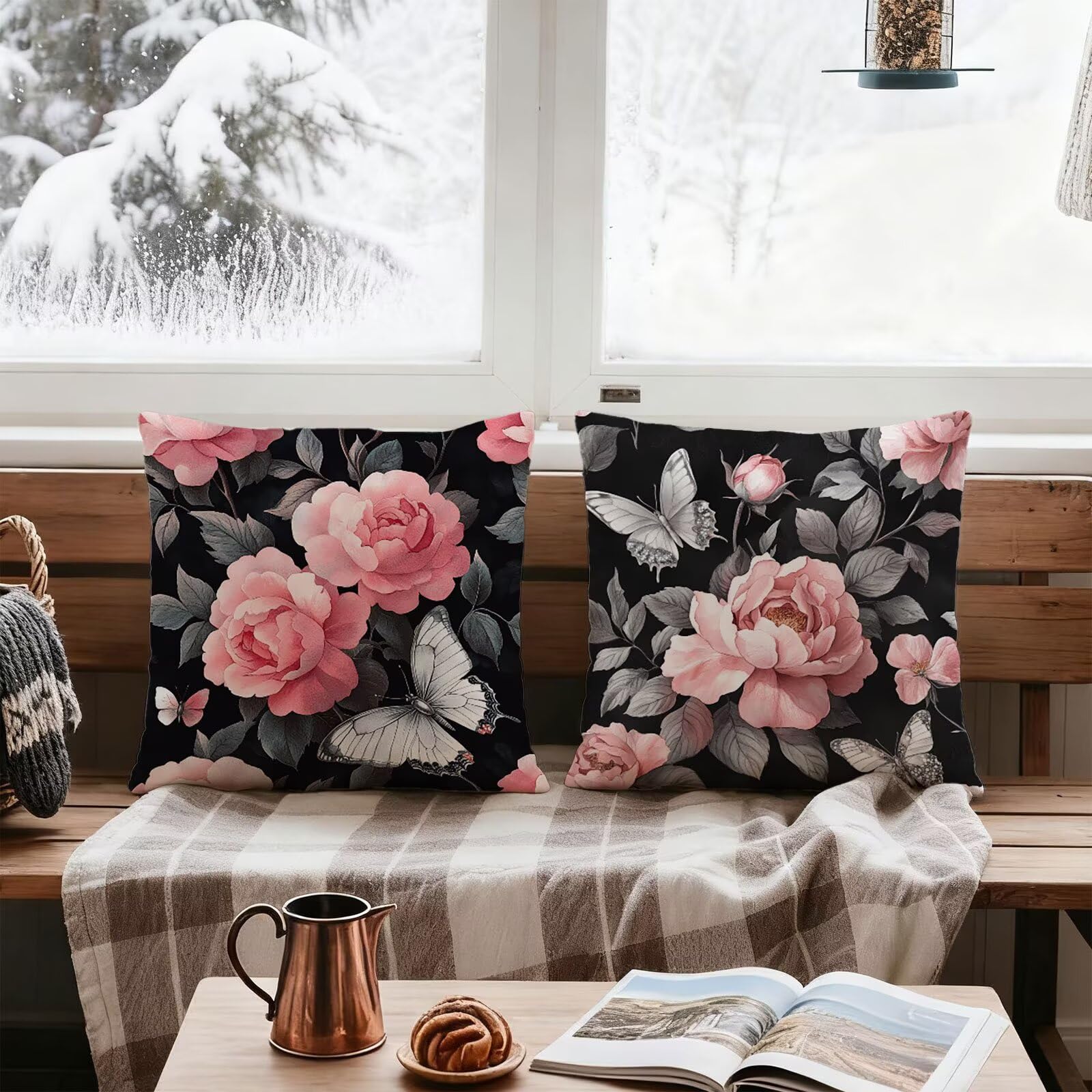 Rose Housse Coussin 60x60 Fleur Taie Oreiller 60x60 Lot de 4 Super Doux Protege Oreiller 60 x 60 Decoration Automne Taie D'oreiller Carrées Coussin Canape, pour Maison Chambre Canapé Chaise E - 84