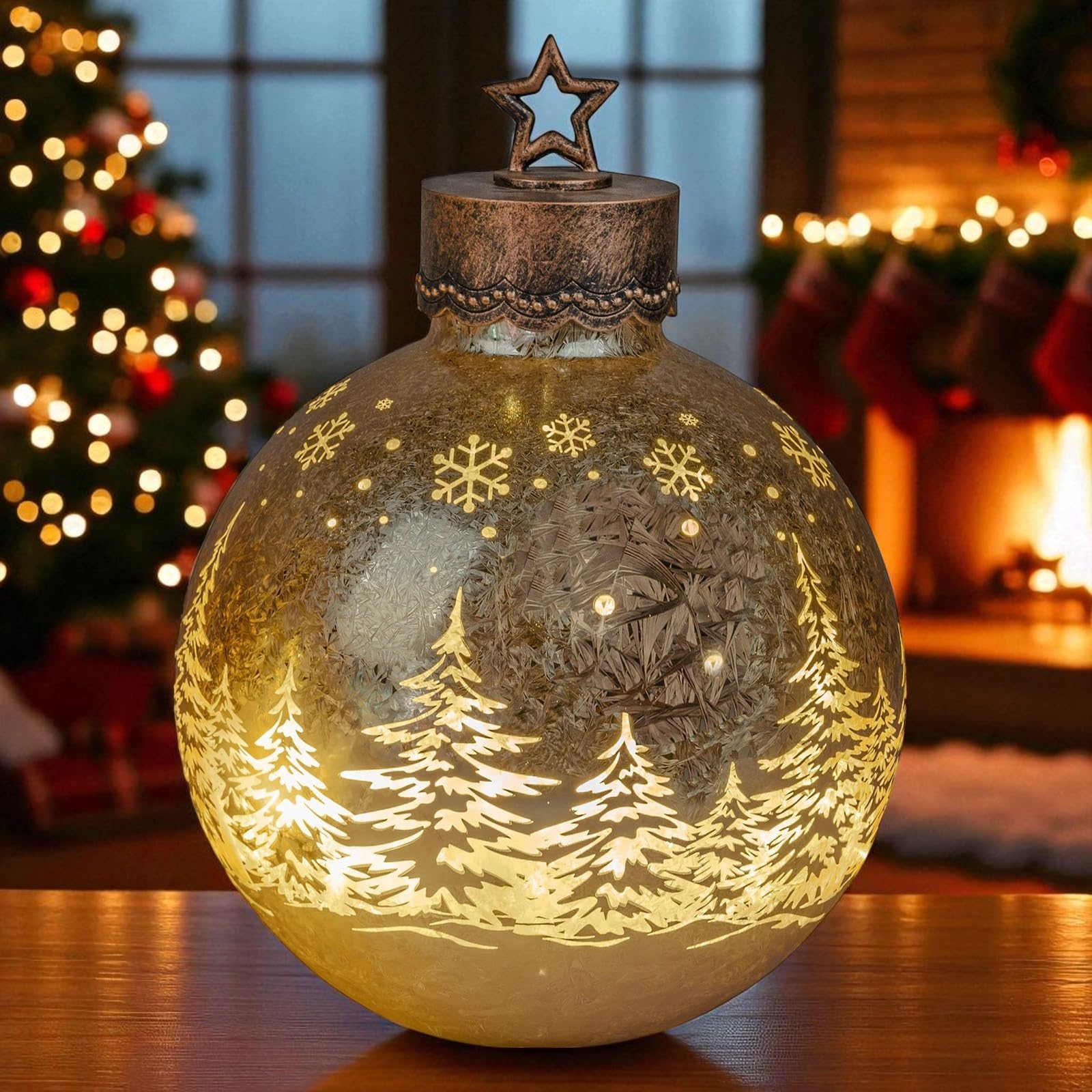 formano LED Deko-Kugel Frosty Gold 35 cm Glaskugel in Ice-Optik Timer 6h / 18h beleuchtet - Batteriebetrieben - Herbst Winter Weihnachtsdeko für Tisch Regal Fensterbank