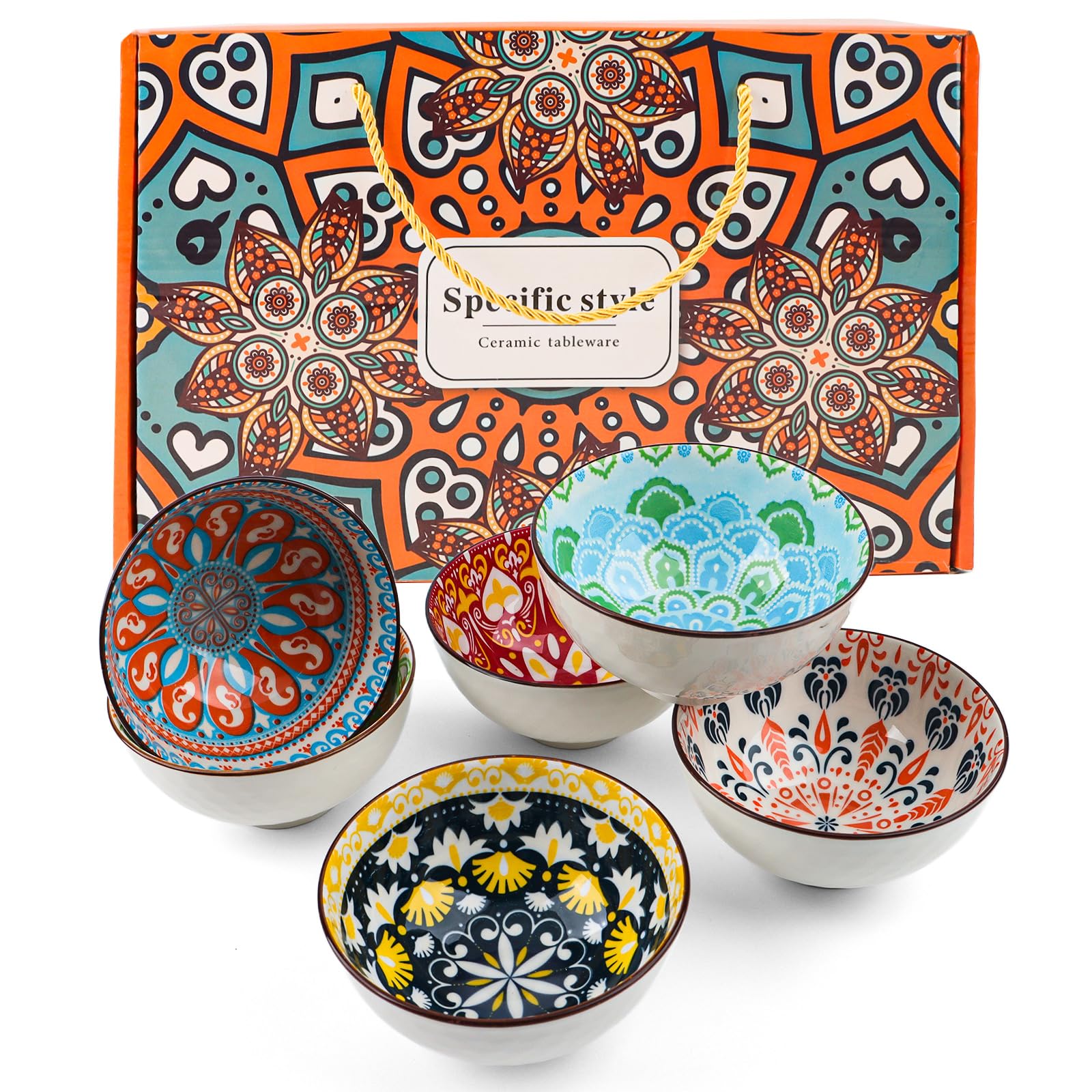 Ceramic Rice Bowls 10 oz, Bohemian Style Bowl Gift Set of 6, Handcrafted Kitchen Tableware Serving Bowls for Cereal, Soup, Desserts, Snacks, Fruits, Salads, Microwave & Dishwasher Safe