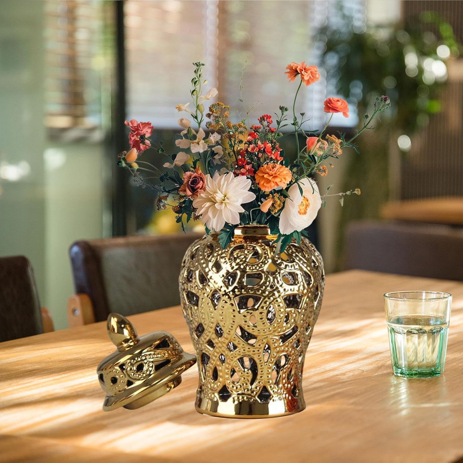 Qianly Porcelain Ginger Jar Vase Decorative Flowers Vase Home Decoration Multipurpose Decoration Flower Arrangement for Living Room, Gold