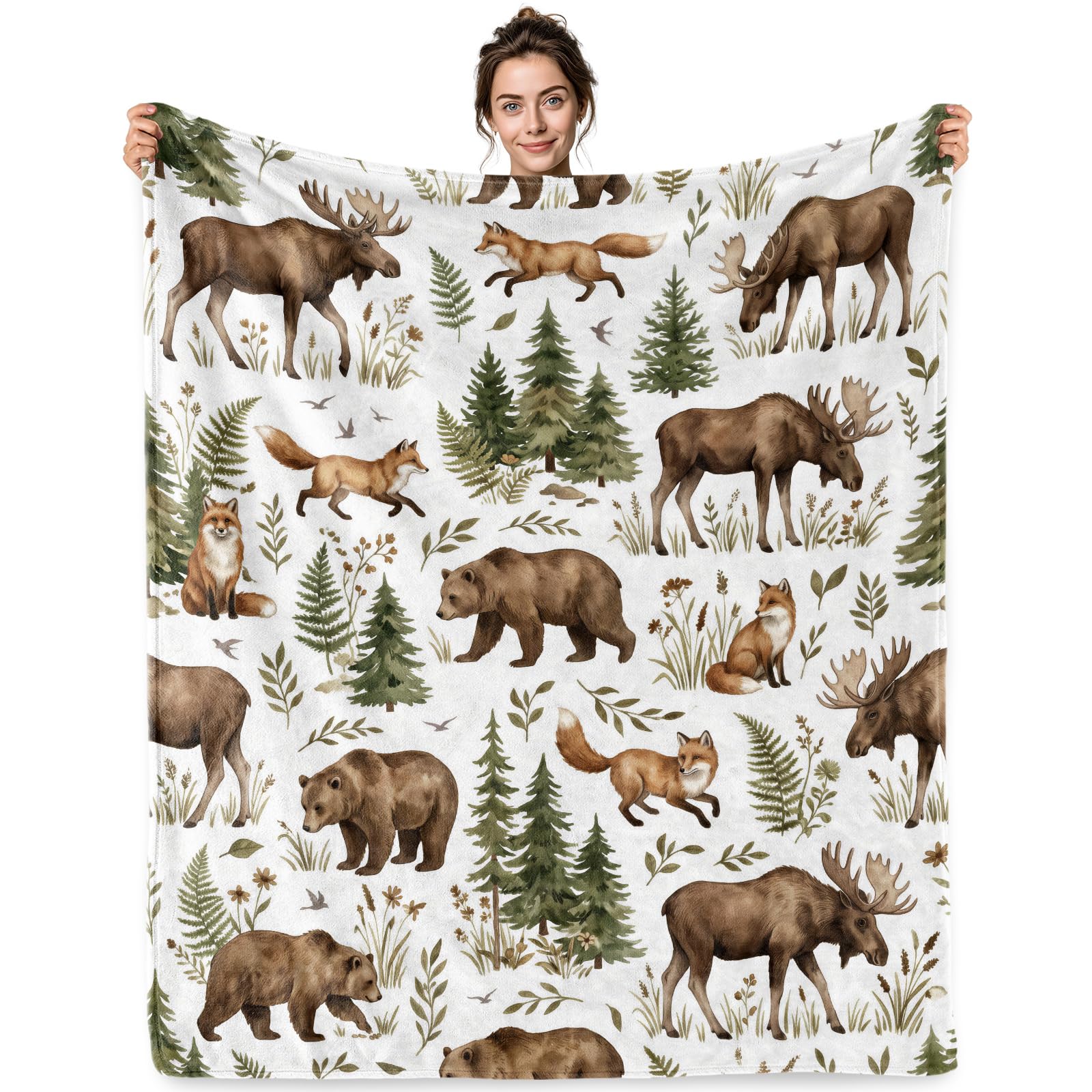 Jekeno Woodland Gifts Blanket Bear Moose Fox Forest Cabin Throw Blanket