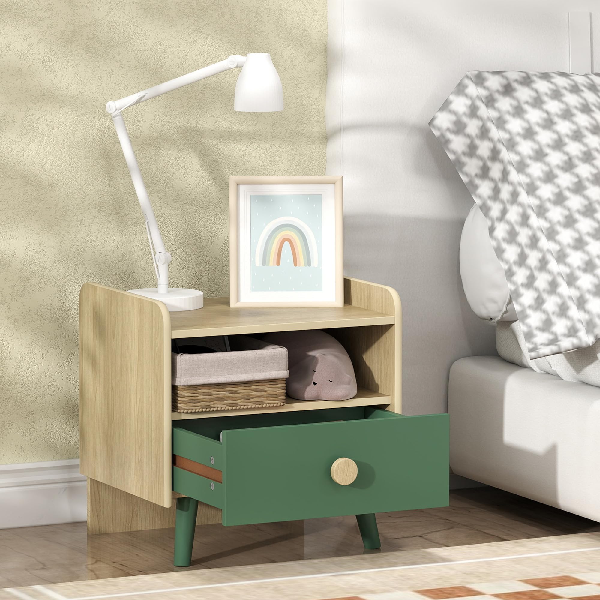 AIYAPLAY Lot de 2 Tables de Chevet Enfant, Tables de Nuit Enfant avec tiroir et Niche, Petite Table d'appoint en Bois pour Chambre d'enfant, 40L x 32,5l x 40H cm, Vert
