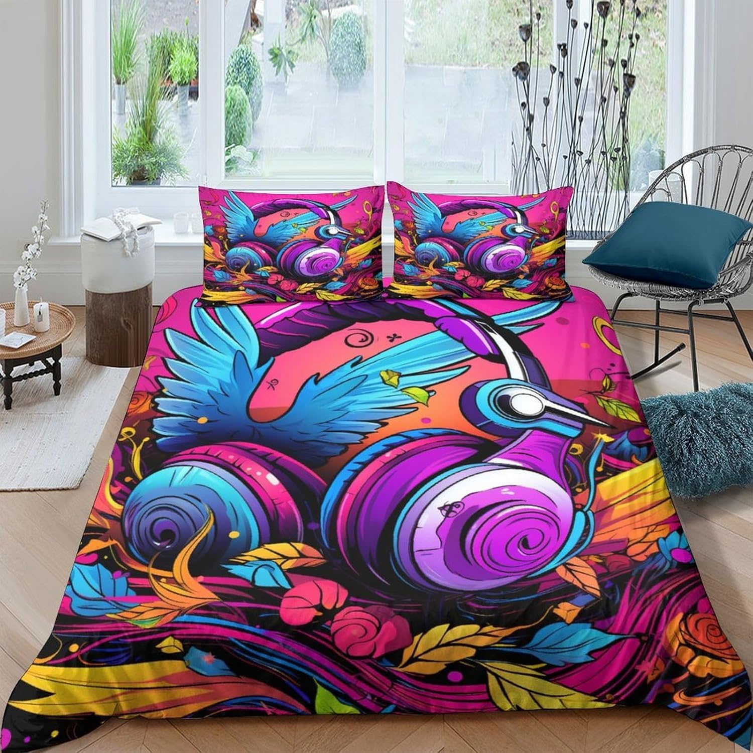Parure de lit 200x200 anti-rides motif écouteurs pour un lit d'ado stylé et facile à border