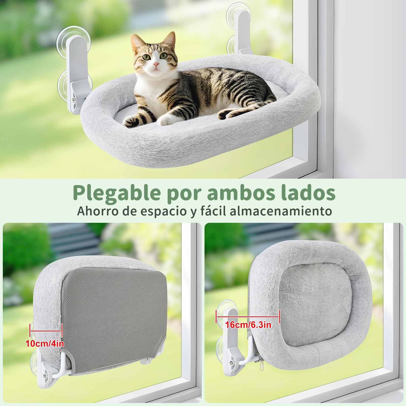 GUUSII HOME Hamaca Gato Ventana con Ventosas Fuertes Cama Colgante para Gatos Amaca Camita Interior Grande Instalación Fácil sin Perforaciones Funda Suave y Lavable Soporta hasta 18kg (Gris)