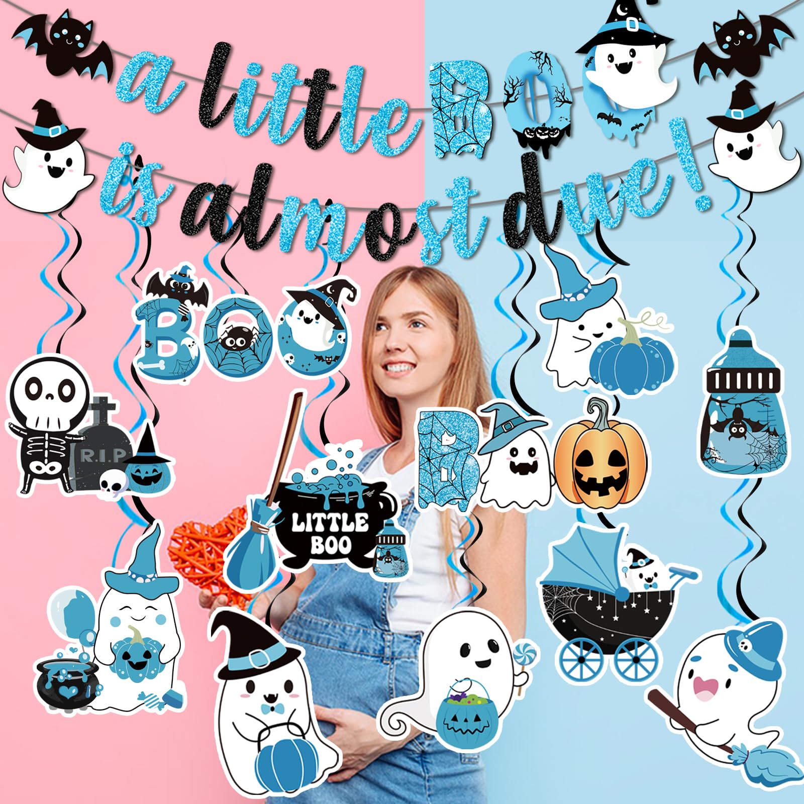 Little Boo Baby Shower Backdrop - 'A Little Boo Is Almost Due' Blue Ghost Theme Banner 70.8x43.3 Inch Halloween Baby Shower Backdrop