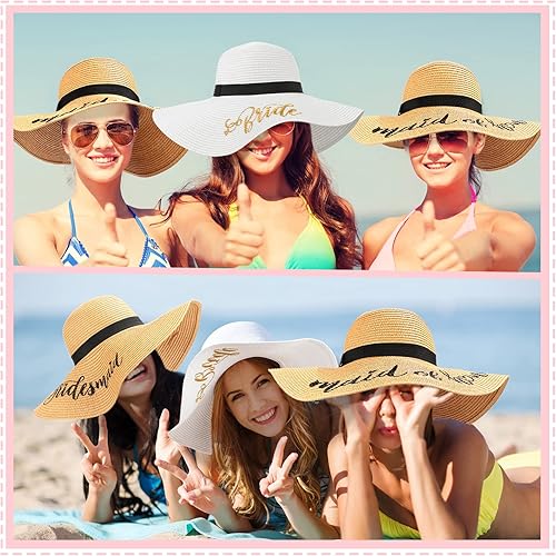 Miniatura 5 de Hsei Sombrero para el sol, 7 piezas de regalo de despedida de soltera, playa, novia y dama de honor, sombrero de sol ajustable bordado para