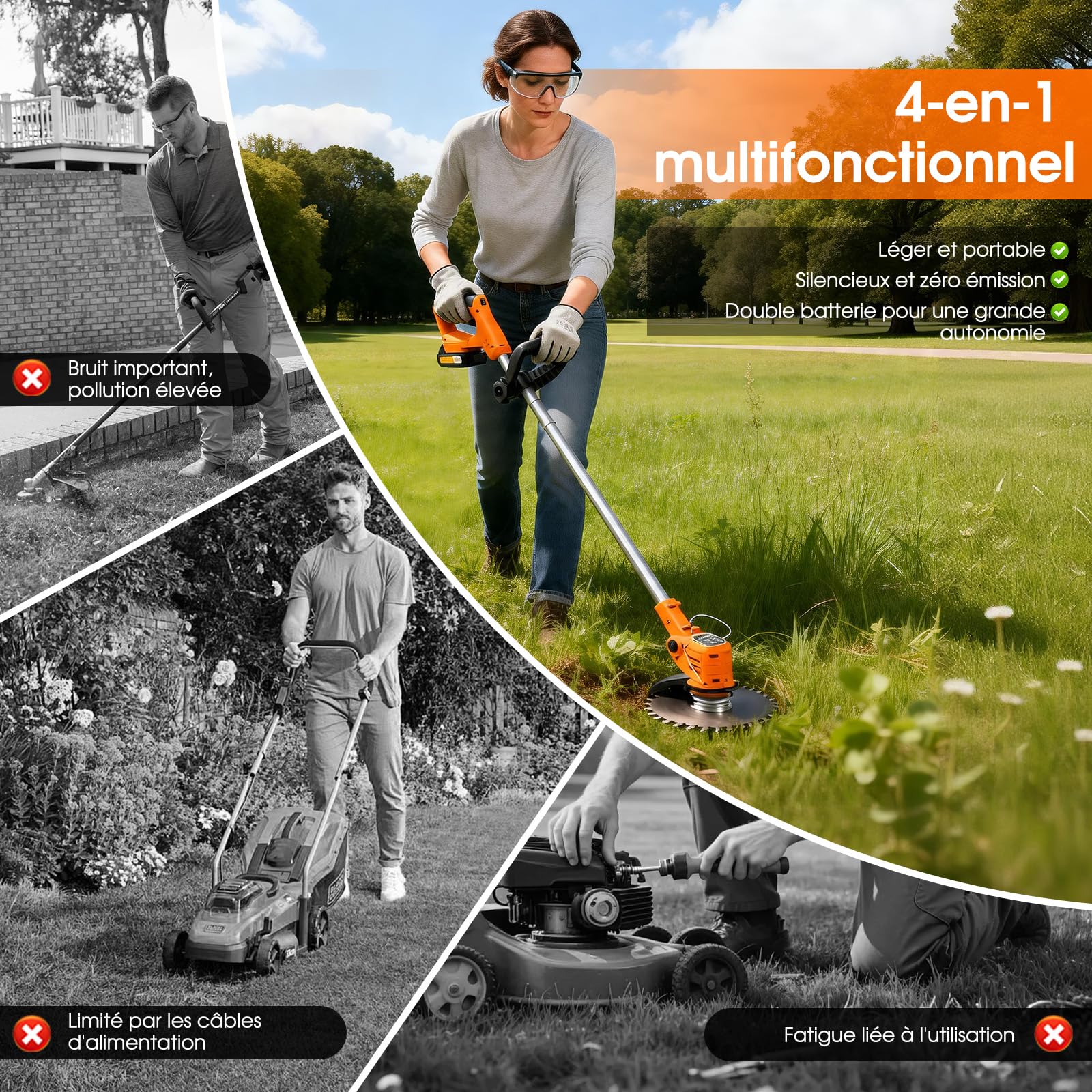 OUTIGO Debroussailleuse Electrique sans Fil, Debroussailleuse Batterie Livré avec 2 Batteries 21V Et Un Chargeur, Coupe Bordure sans Fil avec Batterie avec 4 Types De Lames, Utilisez Une Pelouse Domes