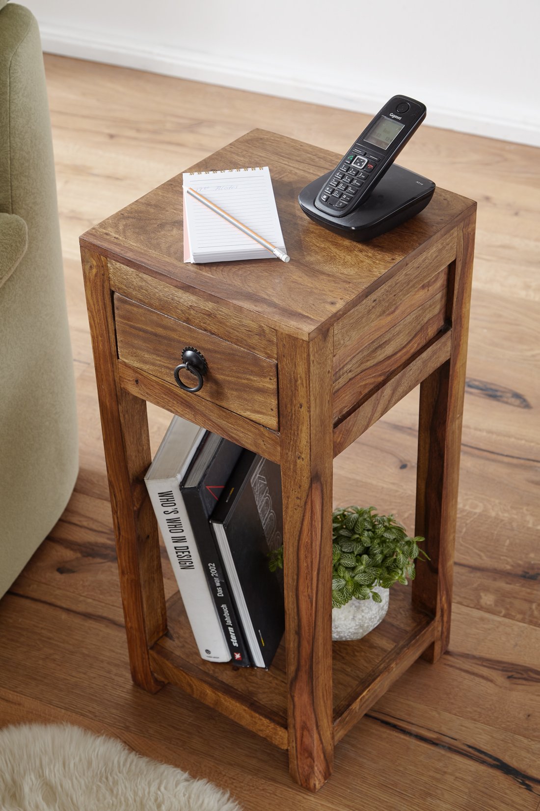 FineBuy Mesa Auxiliar con Cajón 30x30x68 cm Madera Maciza de Sheesham y Metal | Mesa Lateral Cuadrada para Salón | Mesita de Teléfono Pequeña para Sofá | Mesa de teléfono de madera auténtica, estrecha mesa de salón alta, taburete de flores y mesita de noc