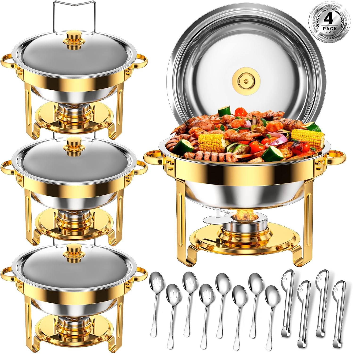 Round Chafing Dishes for Buffet 5 Qt,High Grade Chafing Dish Buffet Set, Full Size Pan,Rolled-Edge Design Food Warmers for Parties,Buffet,Wedding,Birthday,Camping 4 PACK (Gold) 5 QT-4 pack Gold