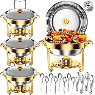Round Chafing Dishes for Buffet 5 Qt,High Grade Chafing Dish Buffet Set, Full Size Pan,Rolled-Edge Design Food Warmers for Parties,Buffet,Wedding,Birthday,Camping 4 PACK (Gold)