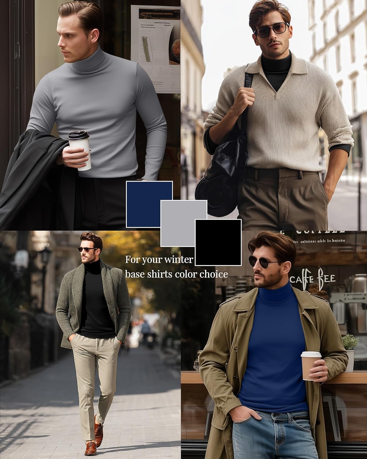 Ficerd 3 Pack Men's Turtleneck Shirts, Long Sleeve Cotton Pullover Sweaters Mock Neck Knitted T-Shirt Basic Slim Fit Tops - Image 2